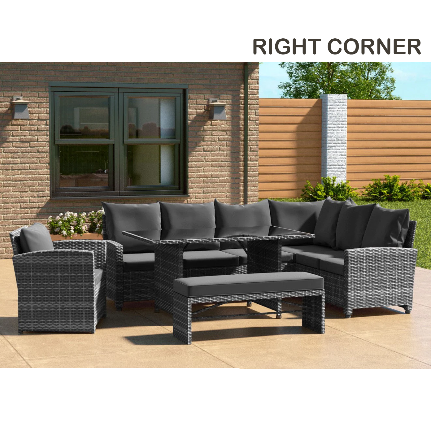 Rattan Garden Furniture - Corner Sofa Dinning Table Set - GREY