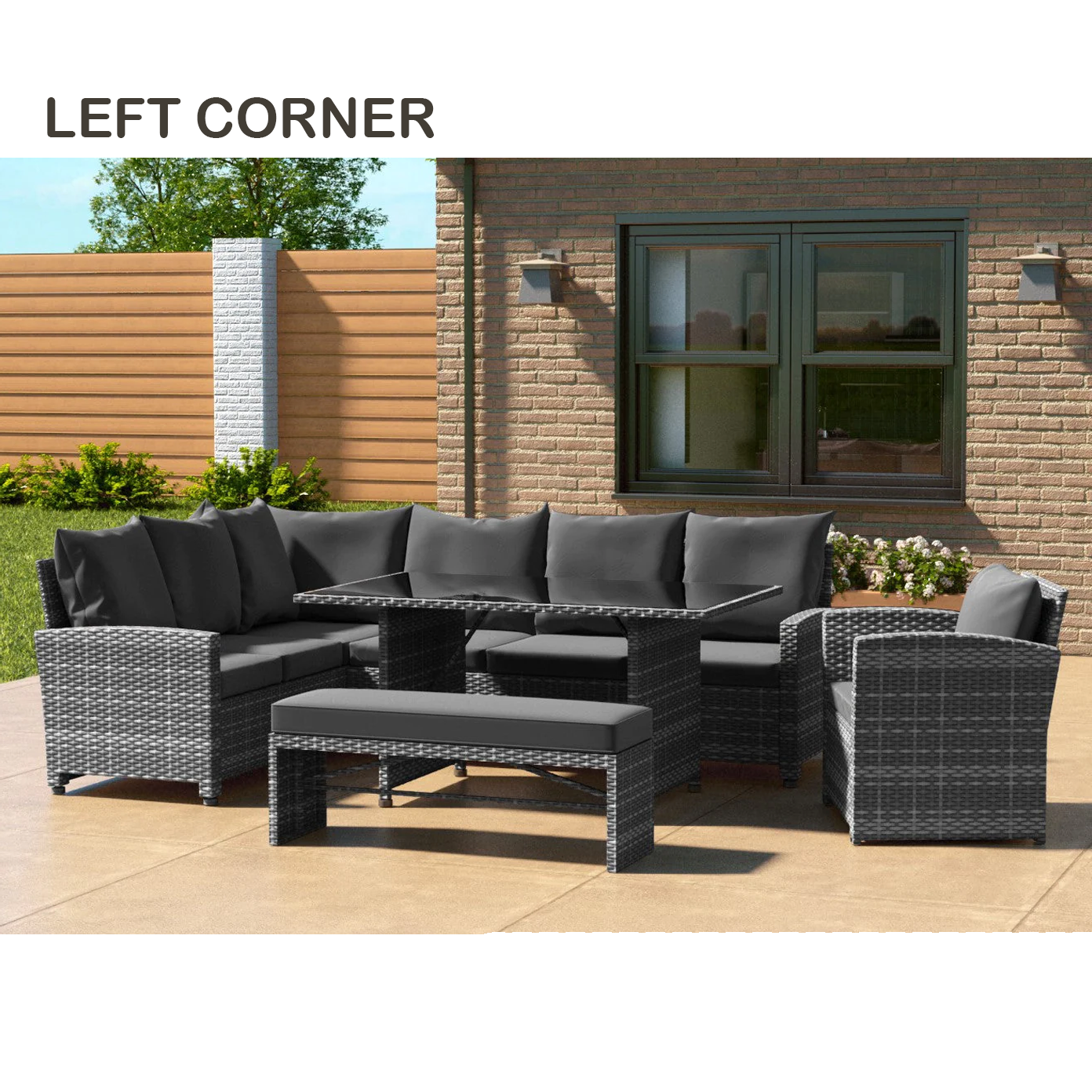 Rattan Garden Furniture - Corner Sofa Dinning Table Set - GREY