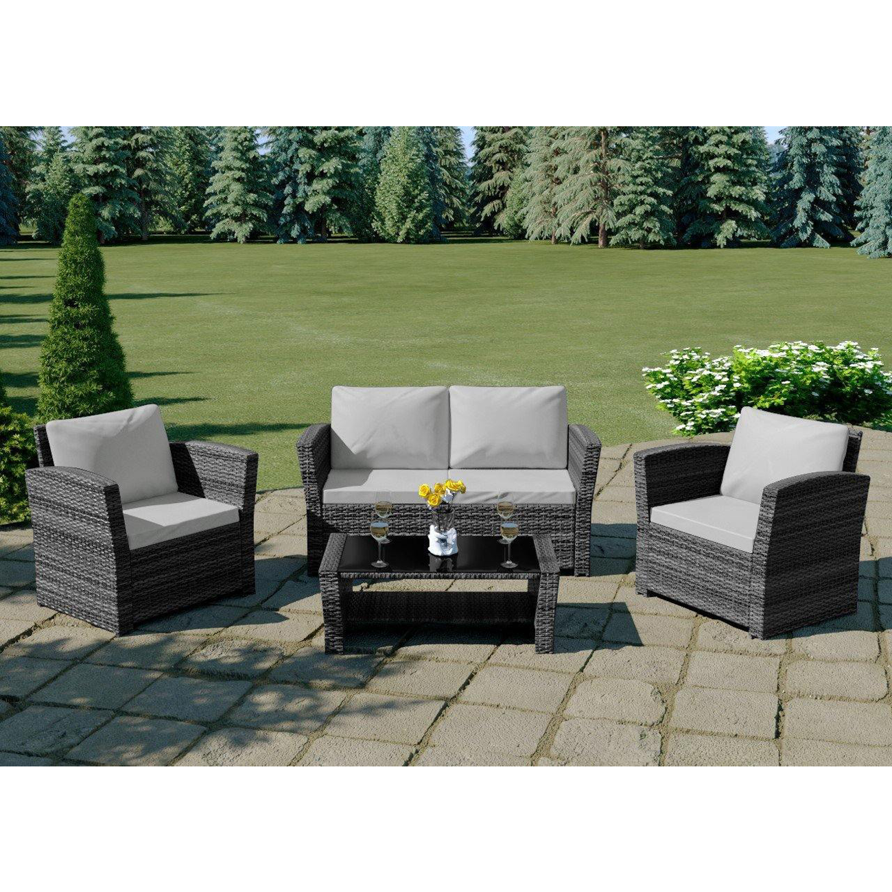 Rattan Garden Furniture 4 Seat Coffee Table Set - GREY