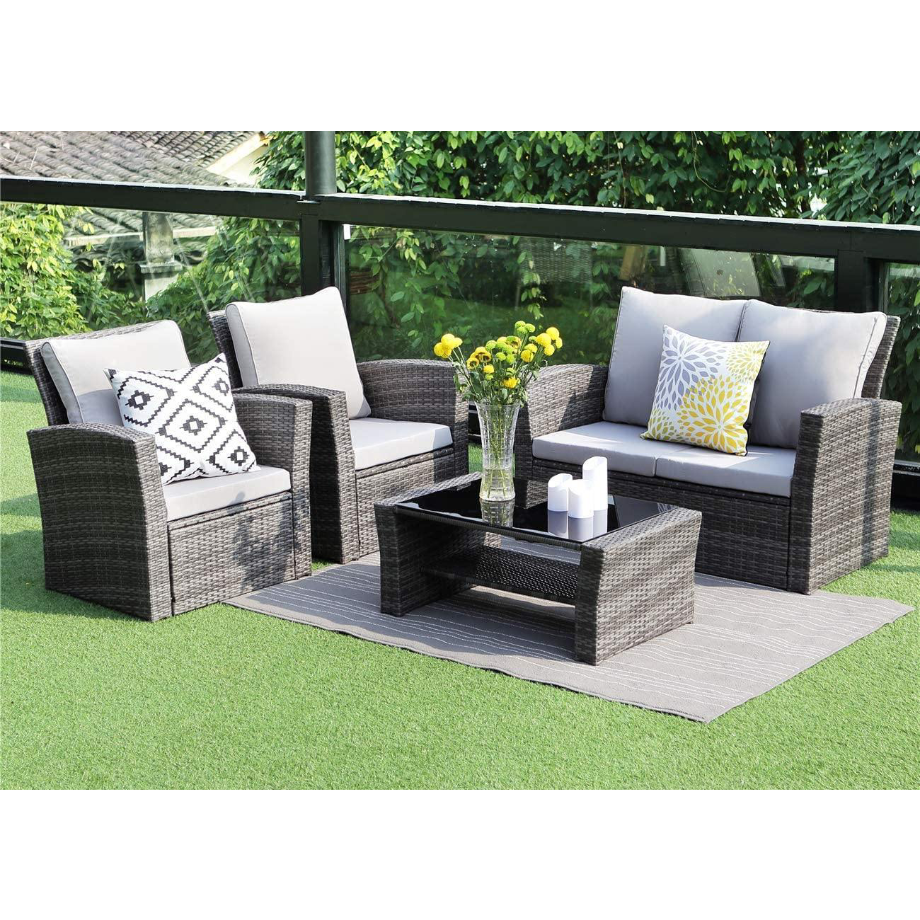 Rattan Garden Furniture 4 Seat Coffee Table Set - GREY