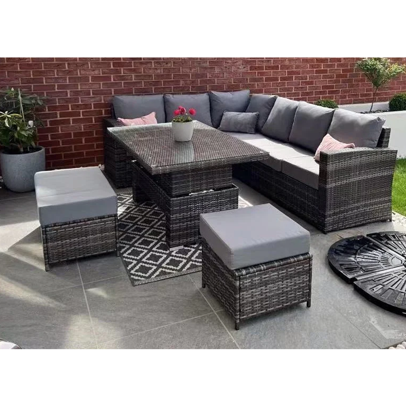Rattan Corner Sofa - Rising Table Stool & Bench Set - GREY