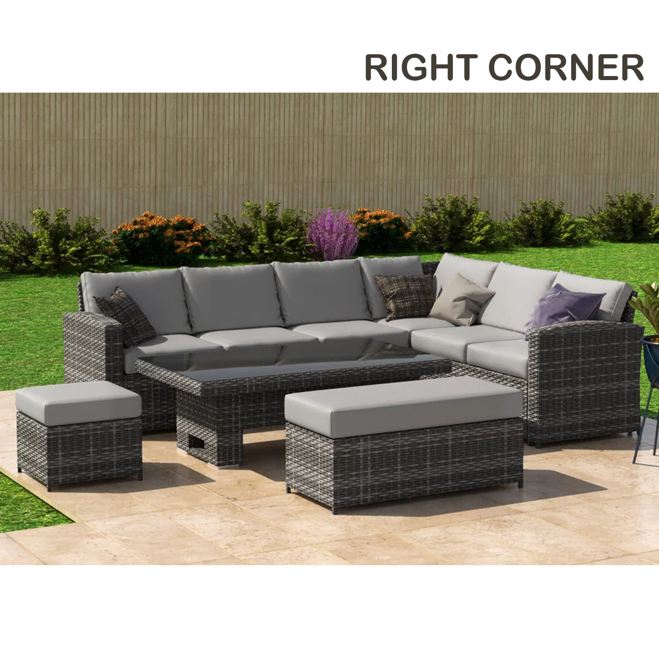 Rattan Corner Sofa - Rising Table Stool & Bench Set - GREY
