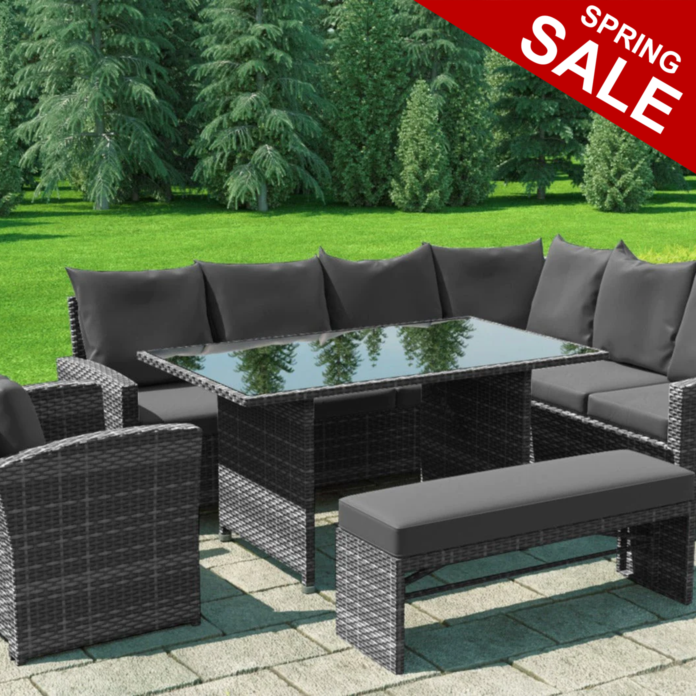 Rattan Garden Furniture - Corner Sofa Dinning Table Set - GREY