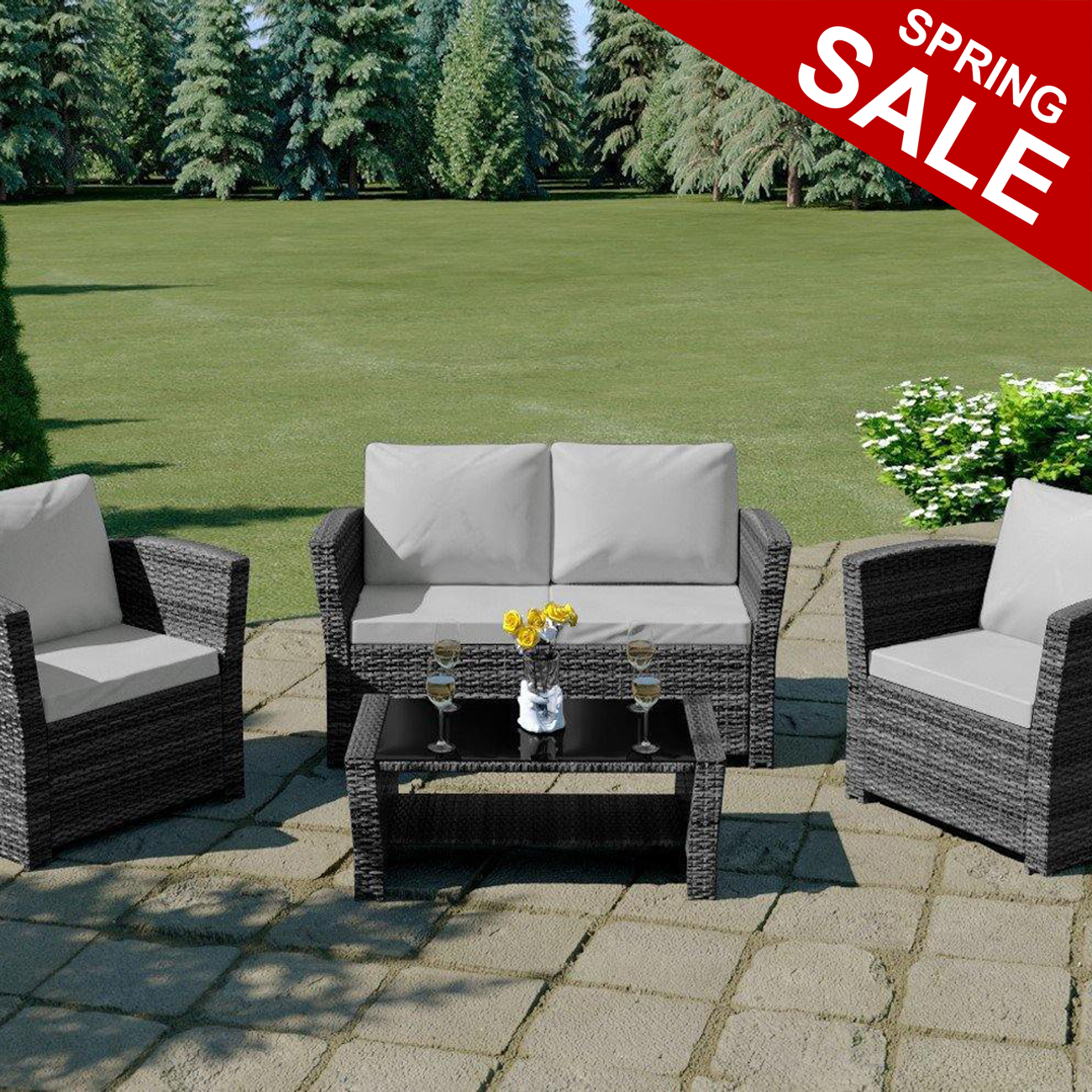 Rattan Garden Furniture 4 Seat Coffee Table Set - GREY
