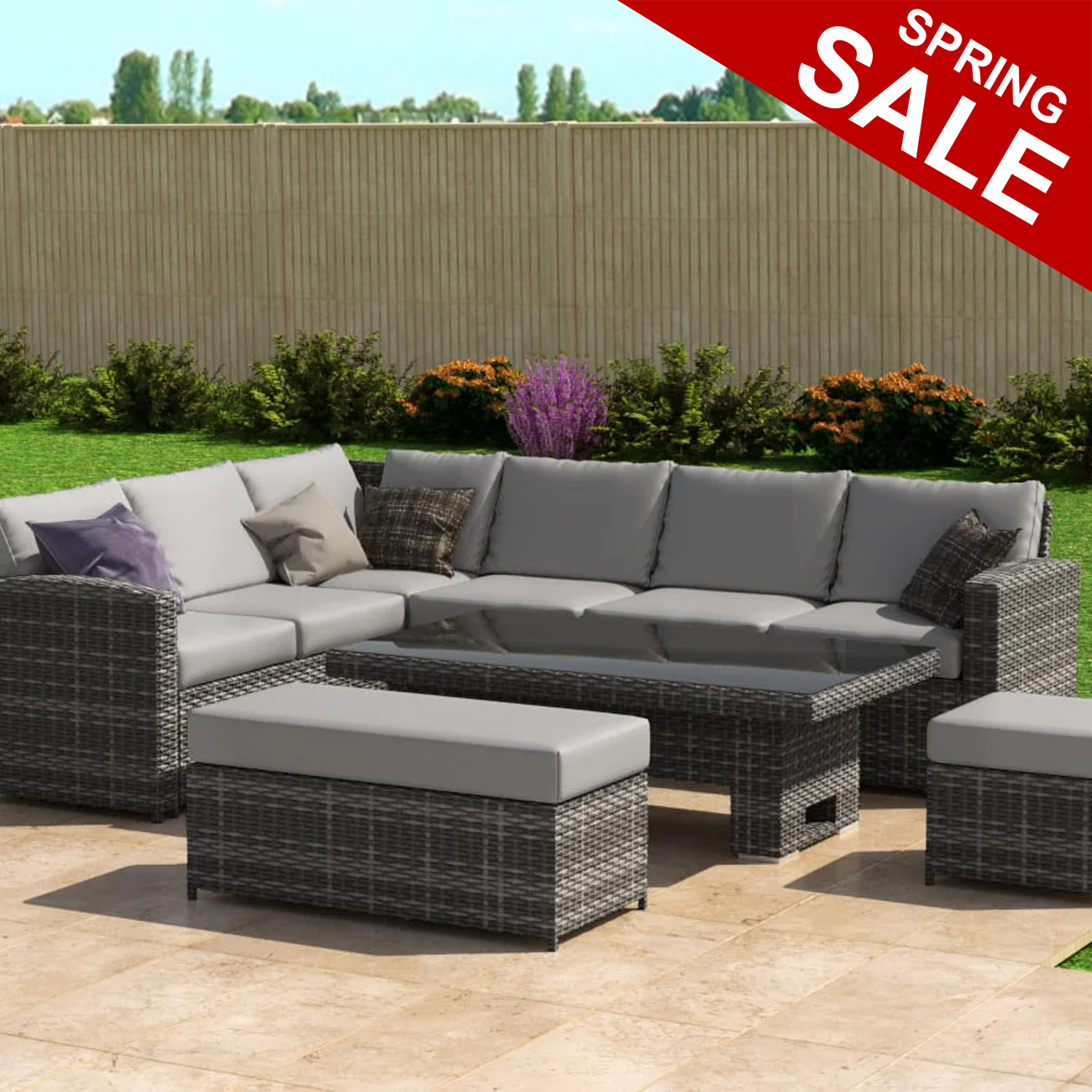 Rattan Corner Sofa - Rising Table Stool & Bench Set - GREY