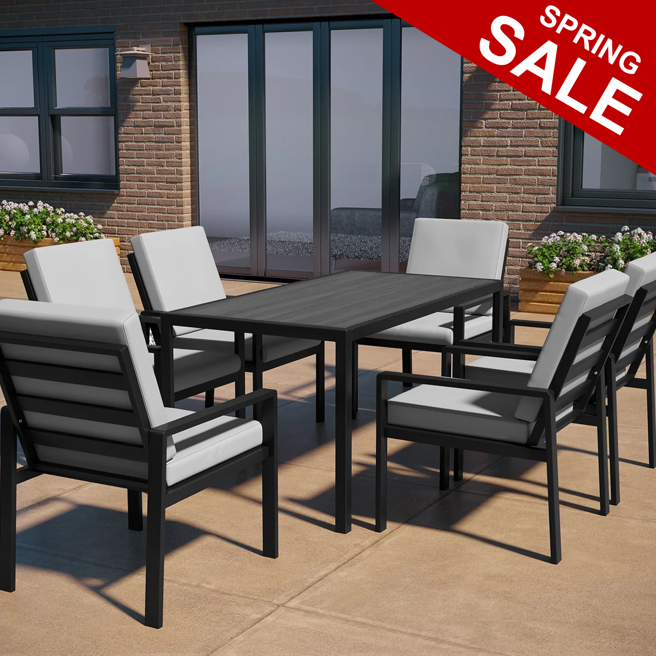 Aluminium Dining Table & 6 Chairs Set - BLACK/GREY