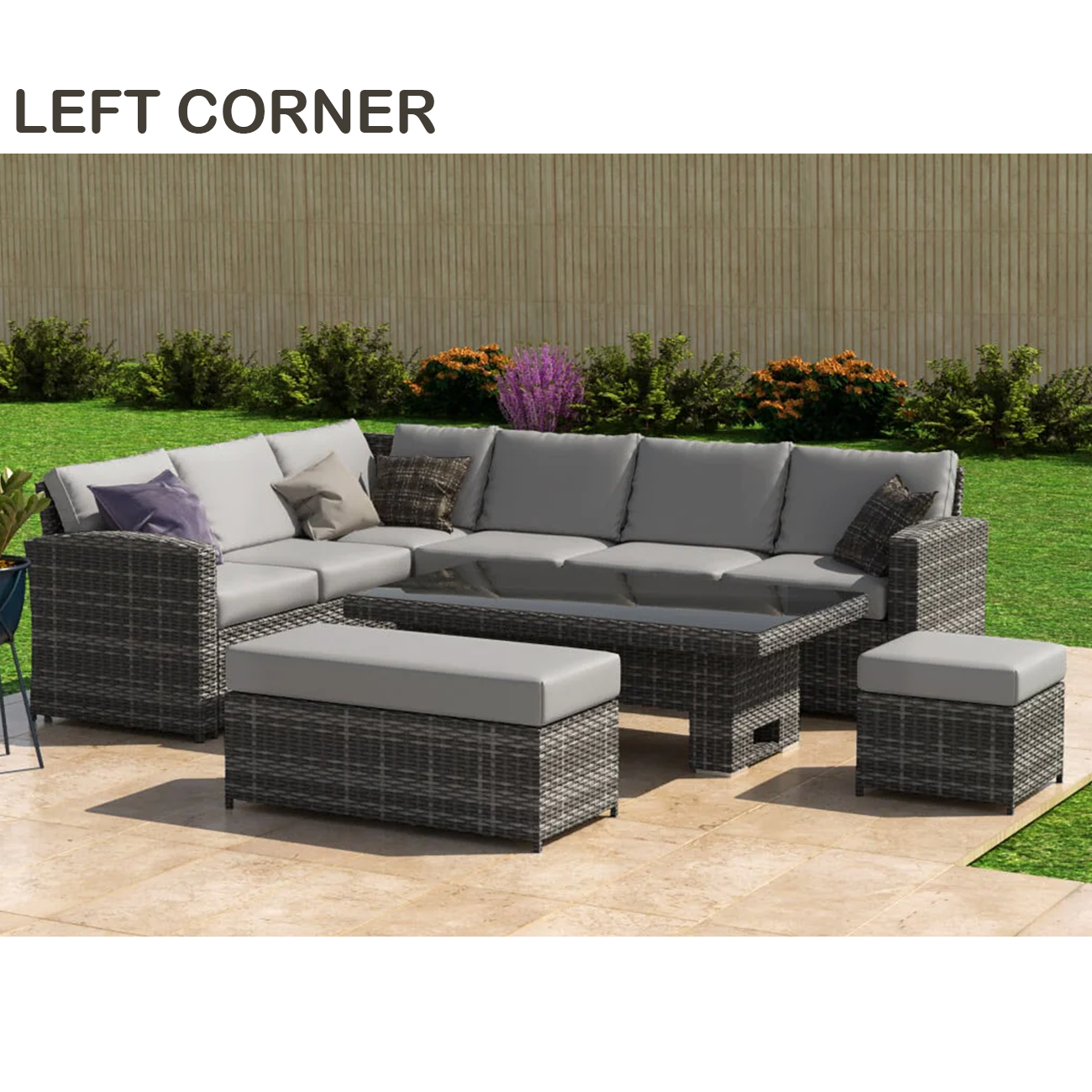 Rattan Corner Sofa - Rising Table Stool & Bench Set - GREY