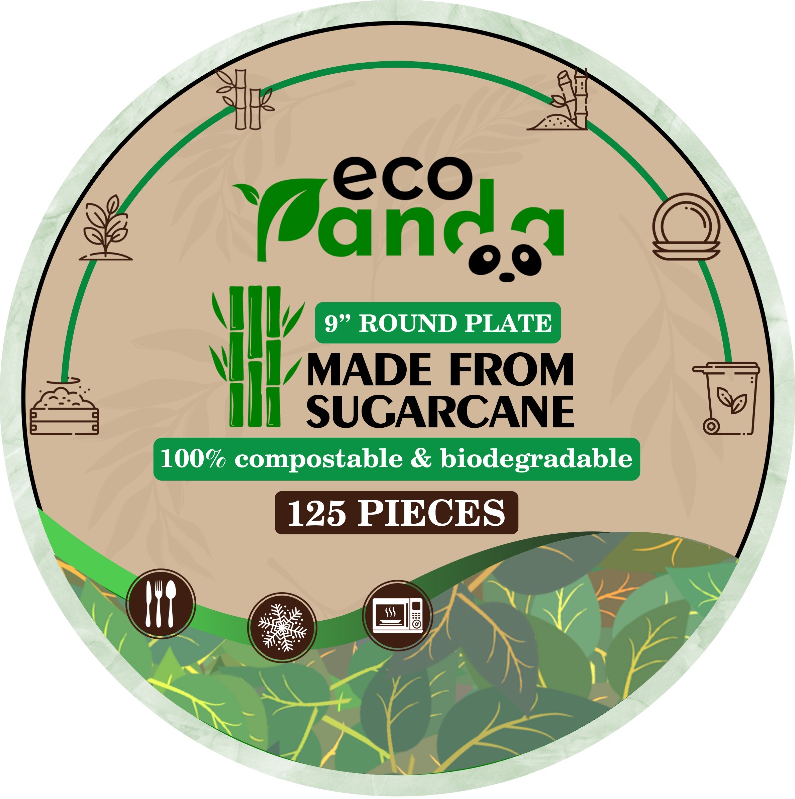 Eco Panda Sugarcane Bagasse Compostable Plates - Heavy Duty Disposable Natural Biodegradable Eco-Friendly Tableware