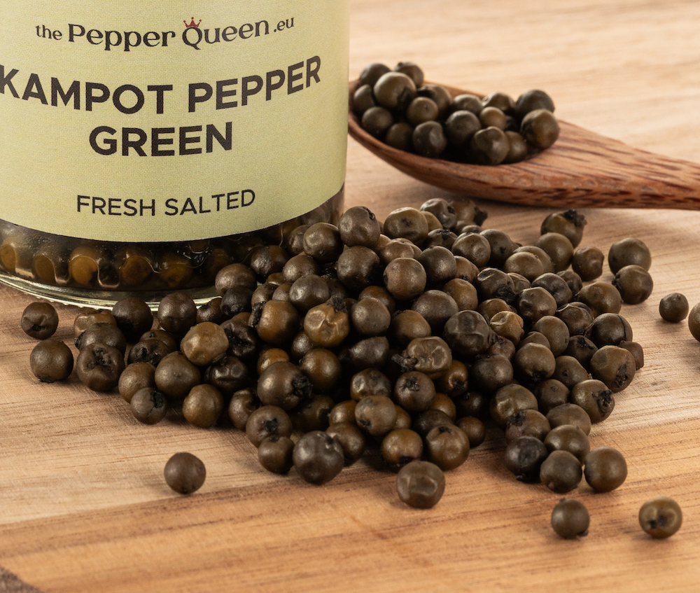 Šviežiai sūdyti žalieji Kampoto pipirai žirneliais, 40 g (Kampot Green Pepper, 40 g)