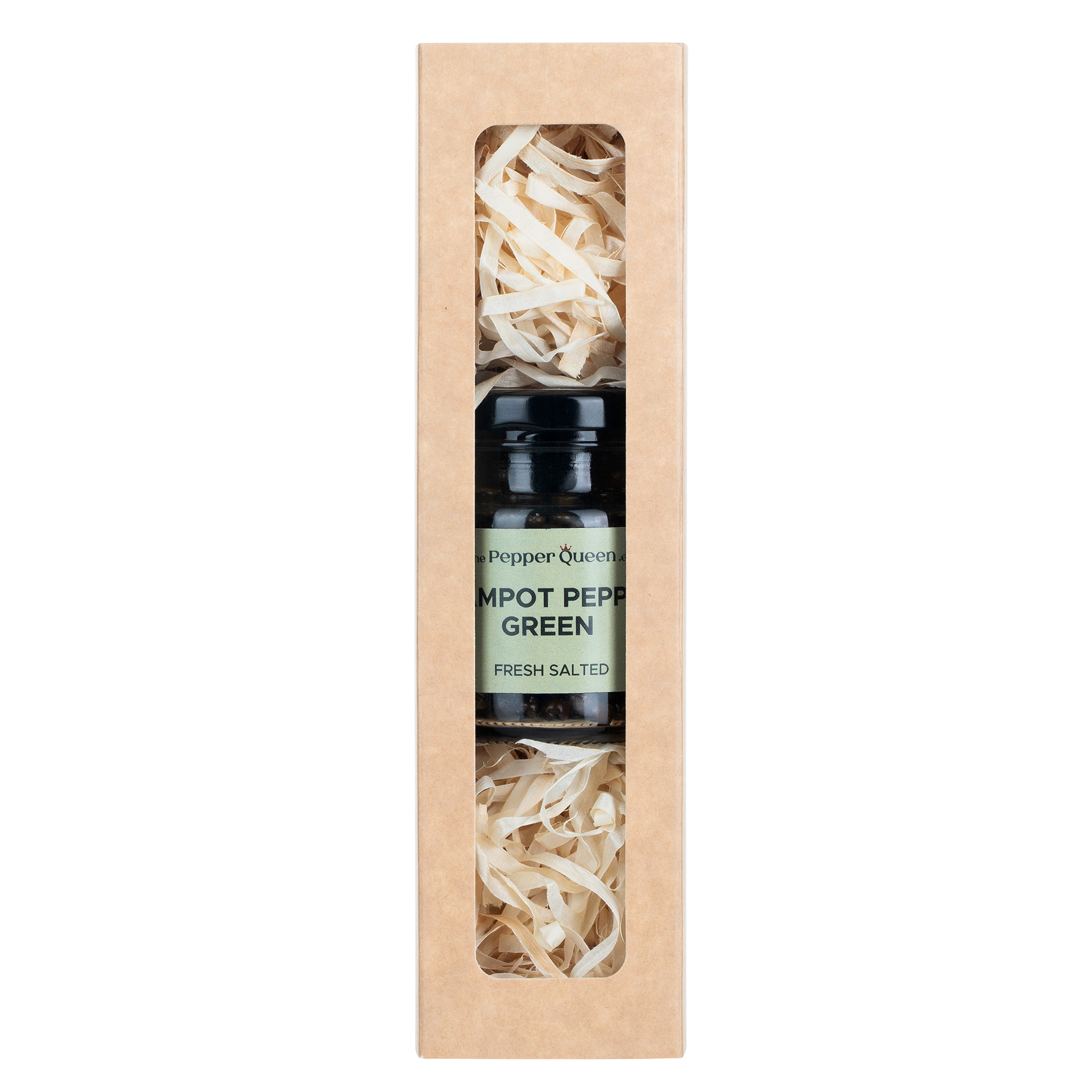 Šviežiai sūdyti žalieji Kampoto pipirai žirneliais, 40 g., kartoninėje dovanų dėžutėje (Kampot Green Pepper, 40 g in a carton gift box)