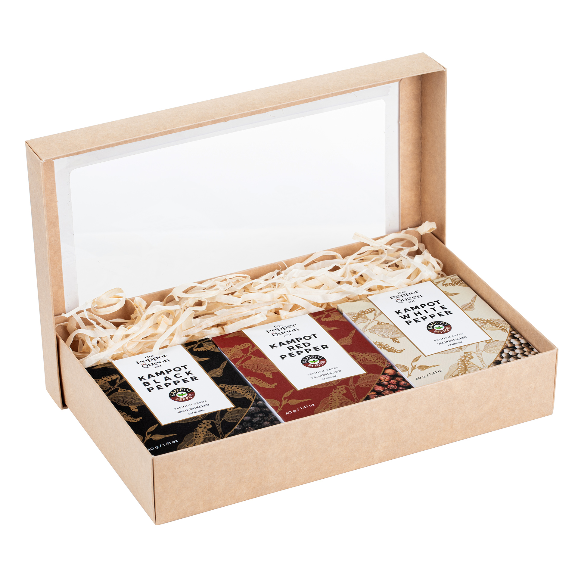 Kampoto pipirų rinkinys kartoninėje dėžutėje (Gift set of Kampot pepper in a carton box)