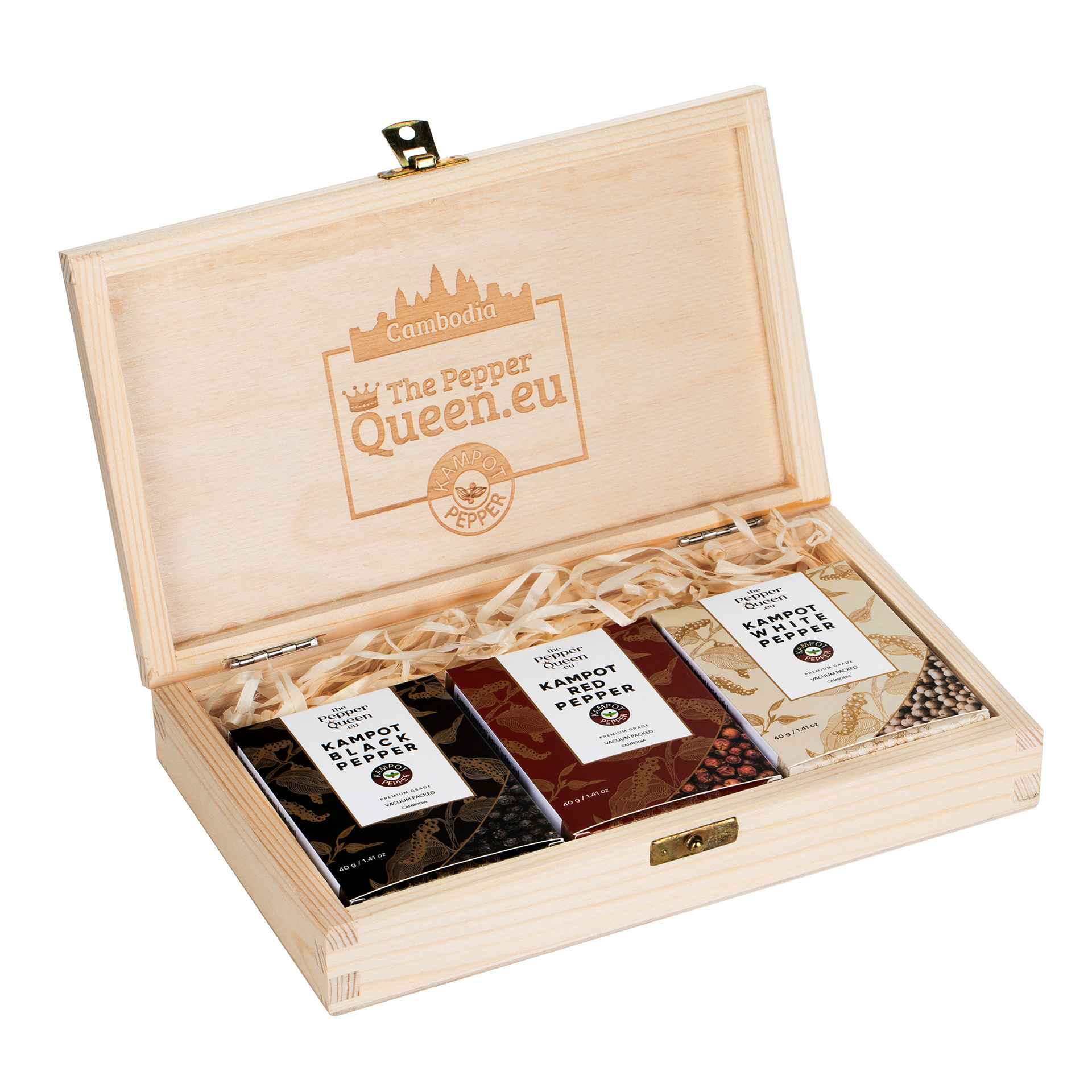 Kampoto pipirų dovanų rinkinys medinėje dėžutėje (Gift set of Kampot pepper in a wooden box)