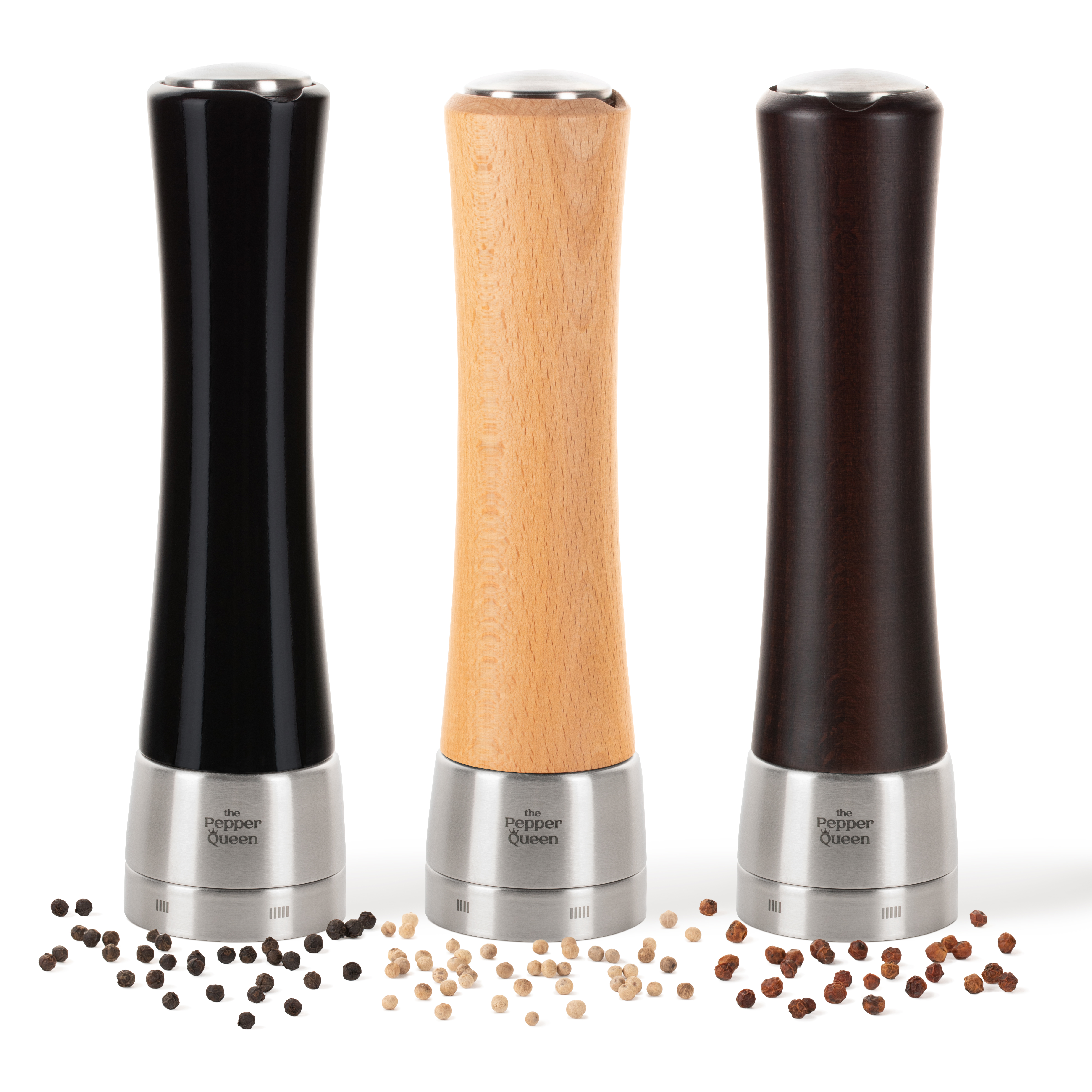 Rinkinys: trys malūnėliai užpildyti Kampoto pipirais (Set: three pepper grinders filled with Kampot pepper)