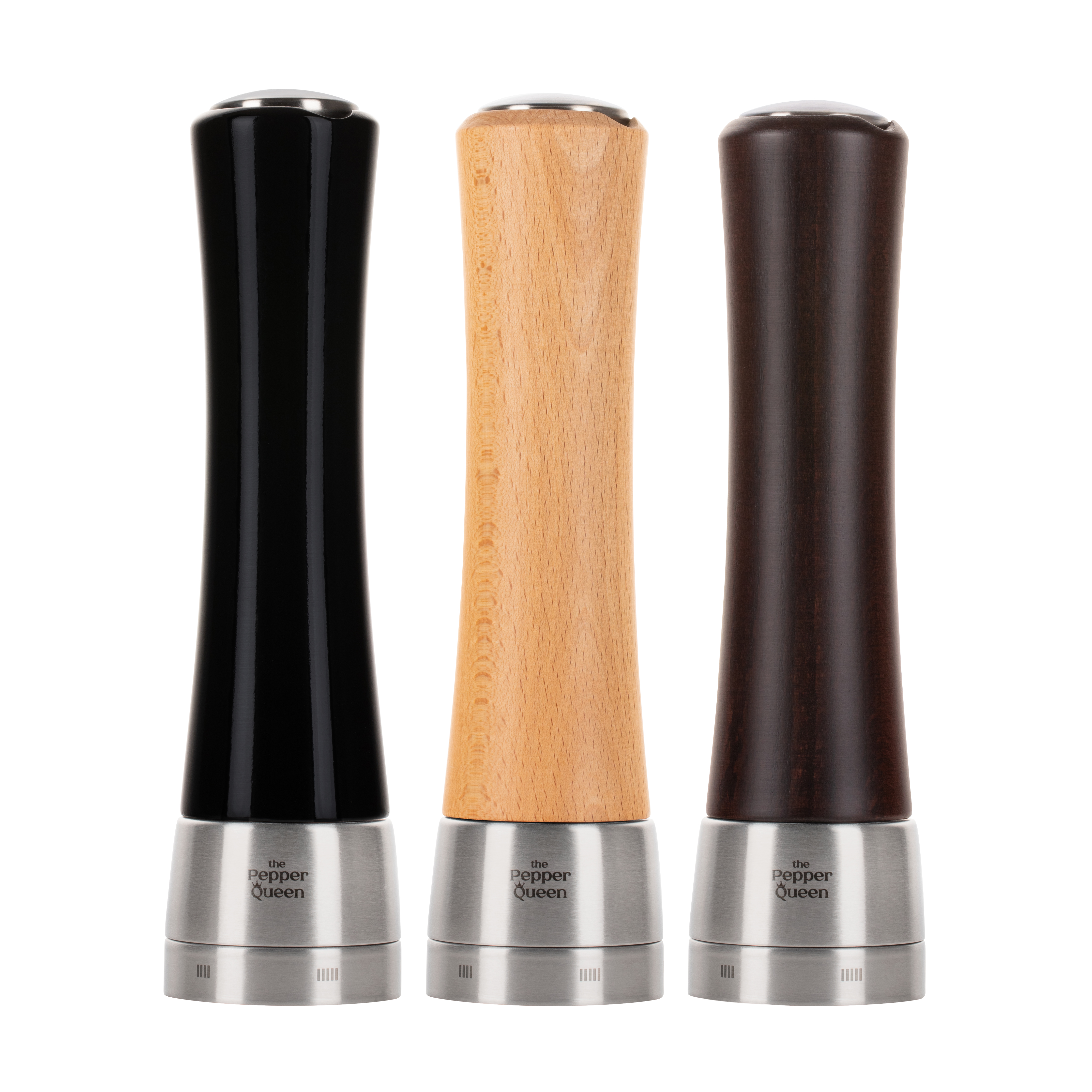 Rinkinys: trys malūnėliai užpildyti Kampoto pipirais (Set: three pepper grinders filled with Kampot pepper)