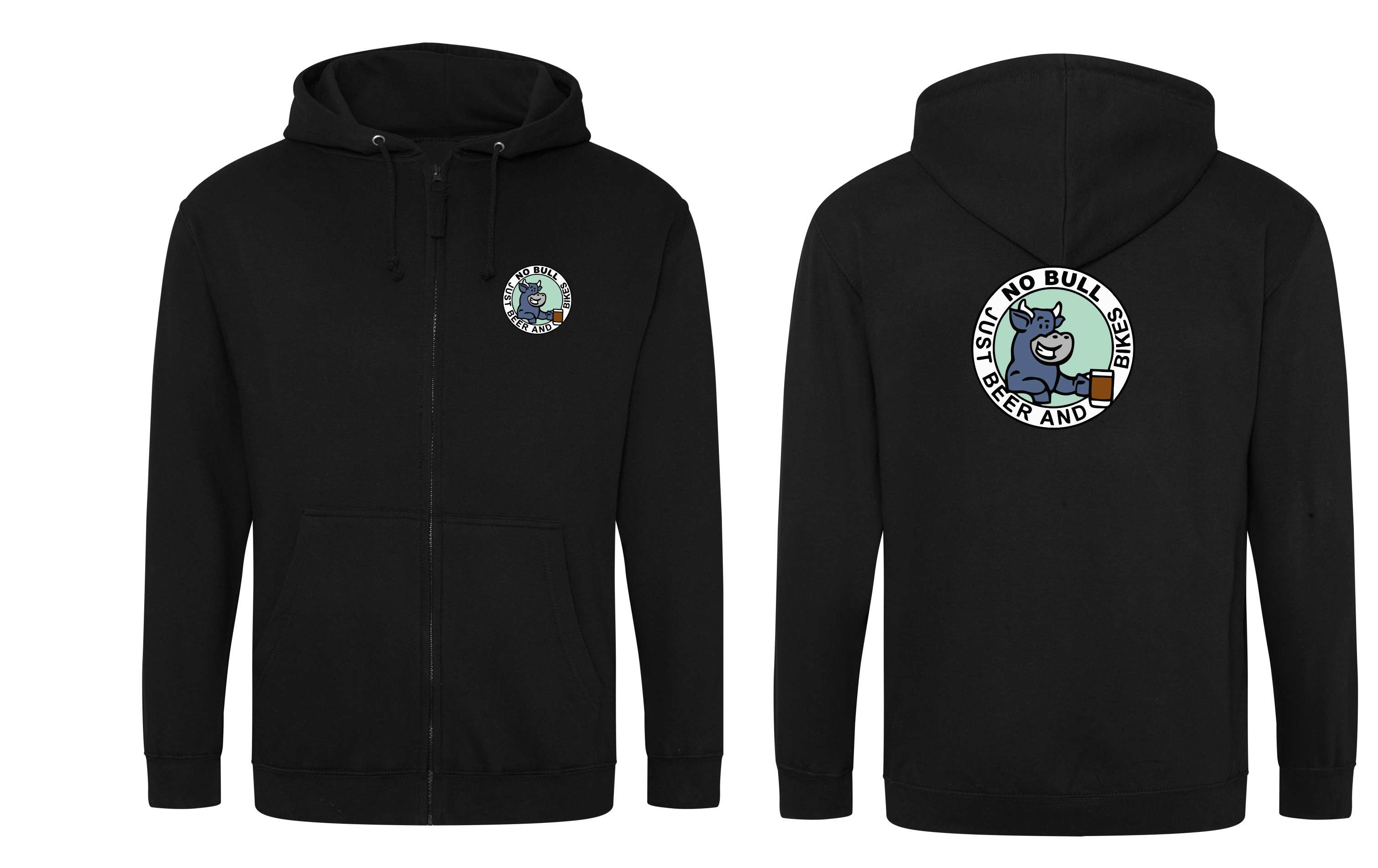 NO BULL JUST BEER AND BIKES EMBROIDERED ZIPPED HOODY