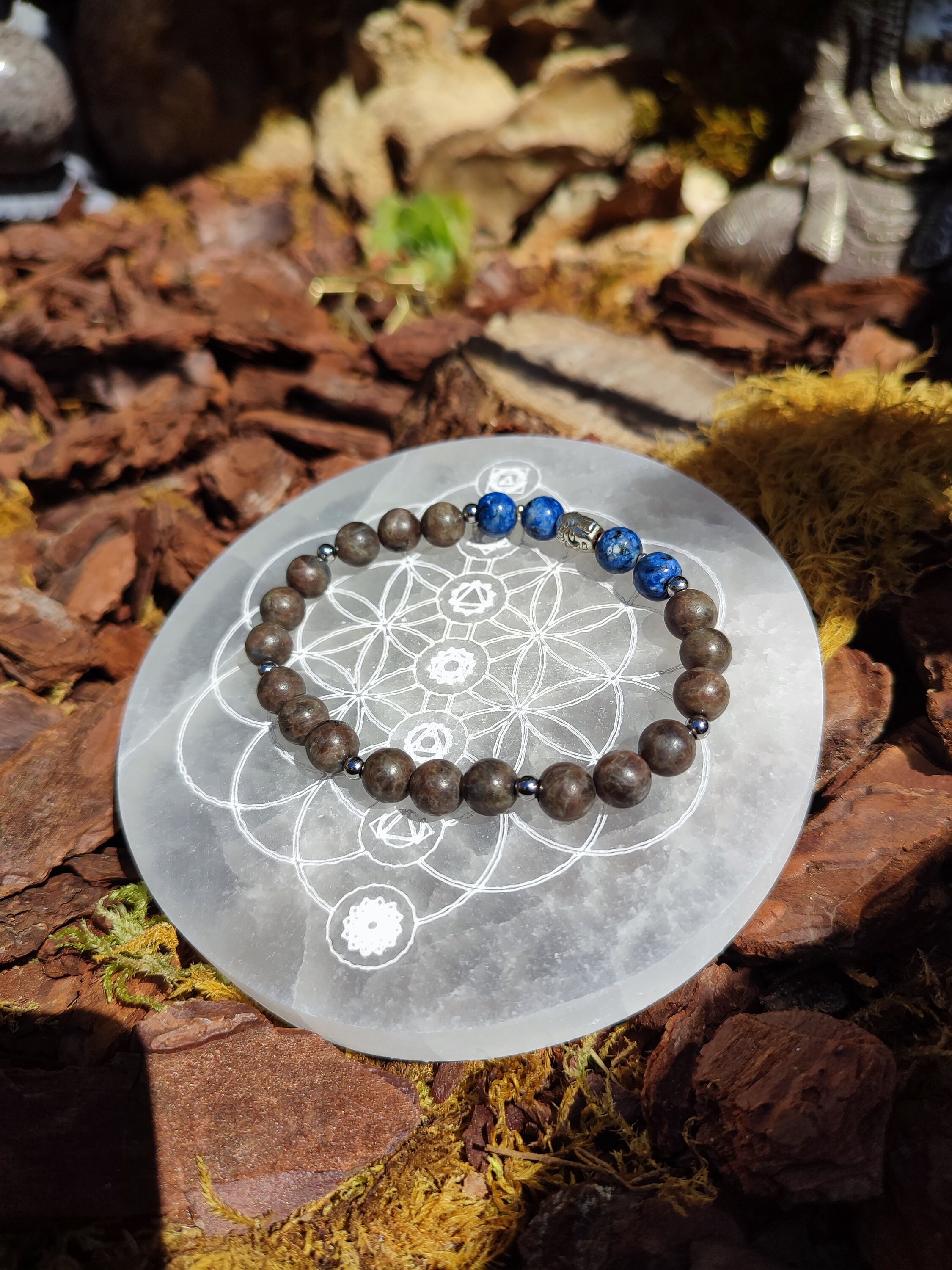 Disque de Sélénite graîne de vie et 7 chakras 12cm