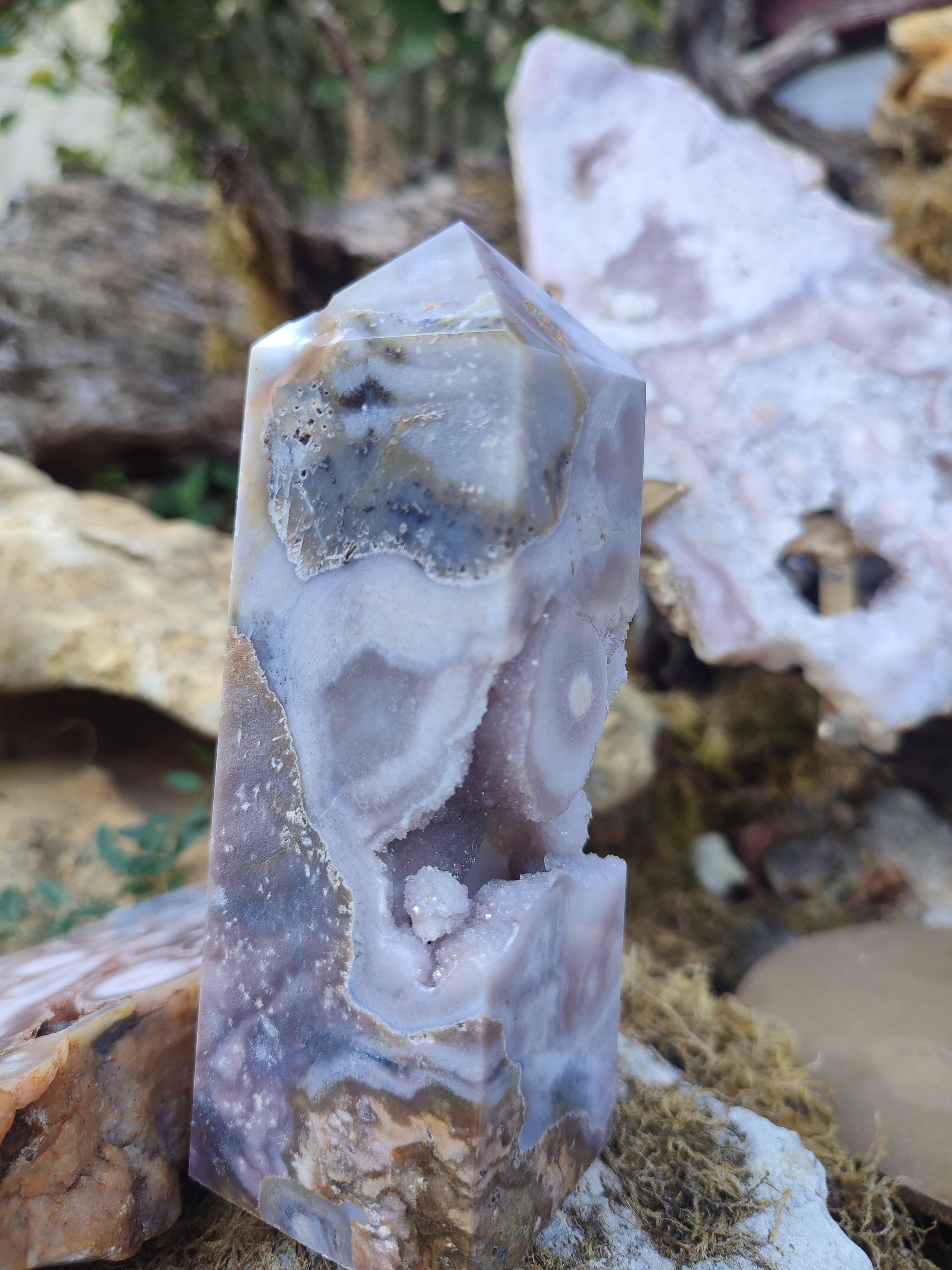 Obélisque d'Améthyste rose et d'Agate fleur