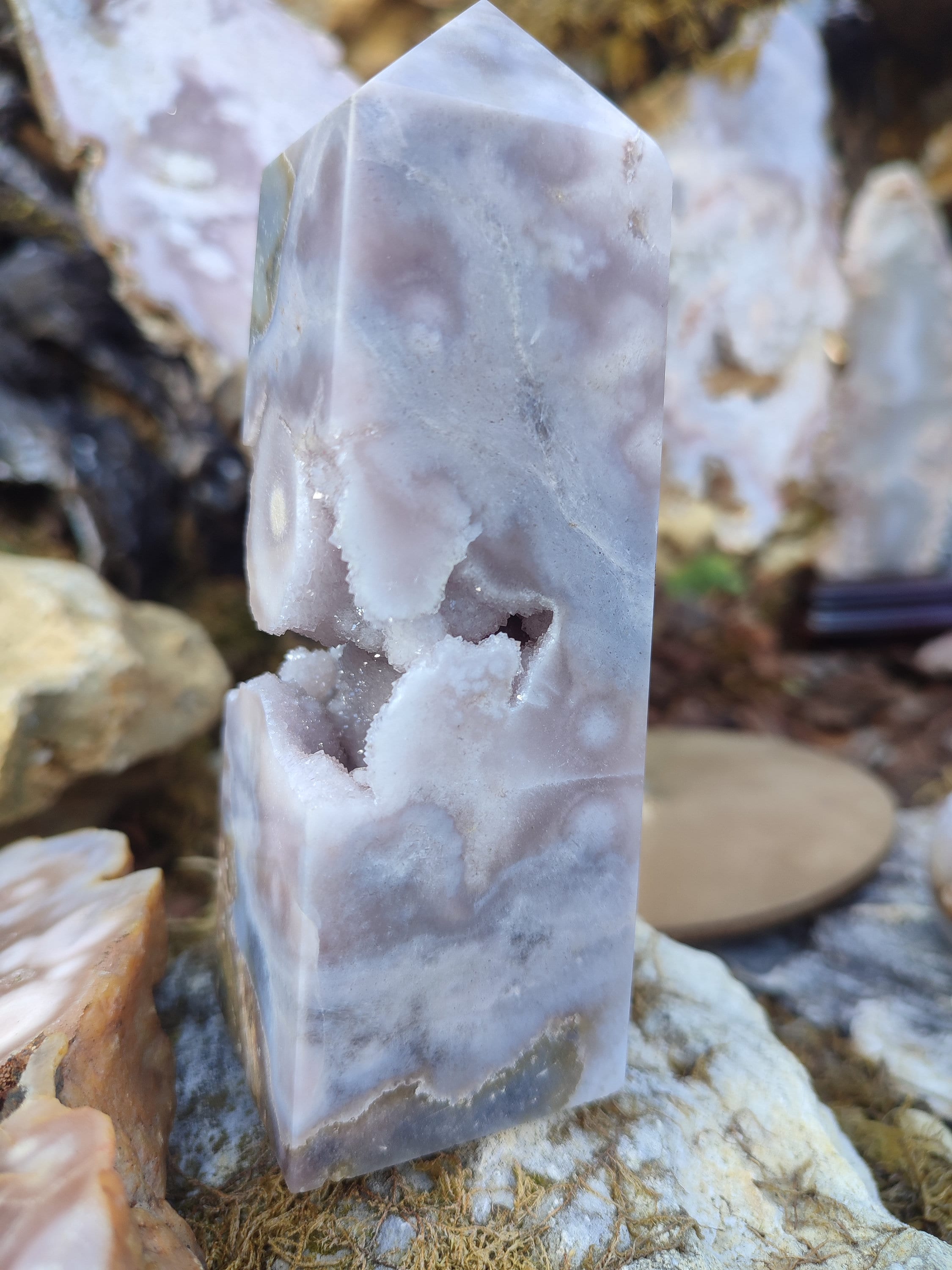 Obélisque d'Améthyste rose et d'Agate fleur