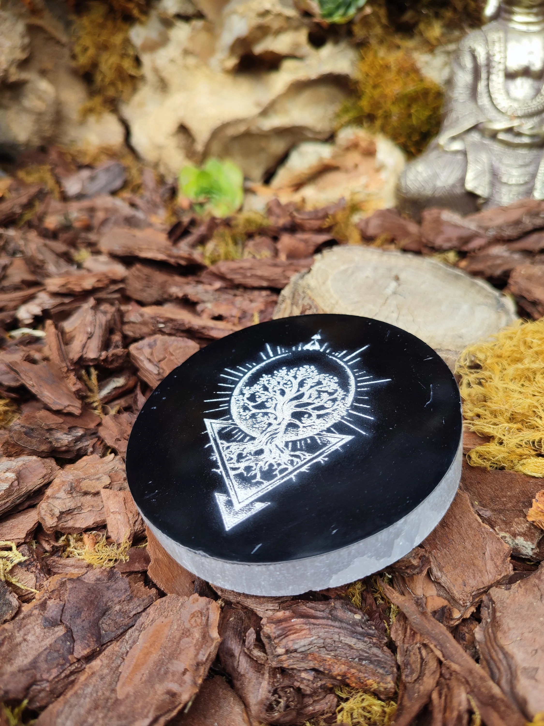 Disque de Sélénite arbre de vie de 10 cm