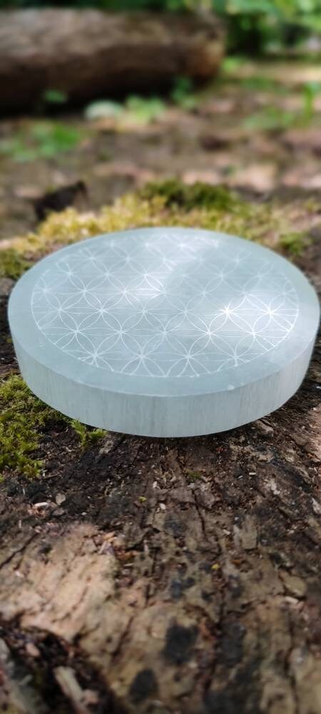 Disque sélénite gravé Fleur de Vie 8 cm