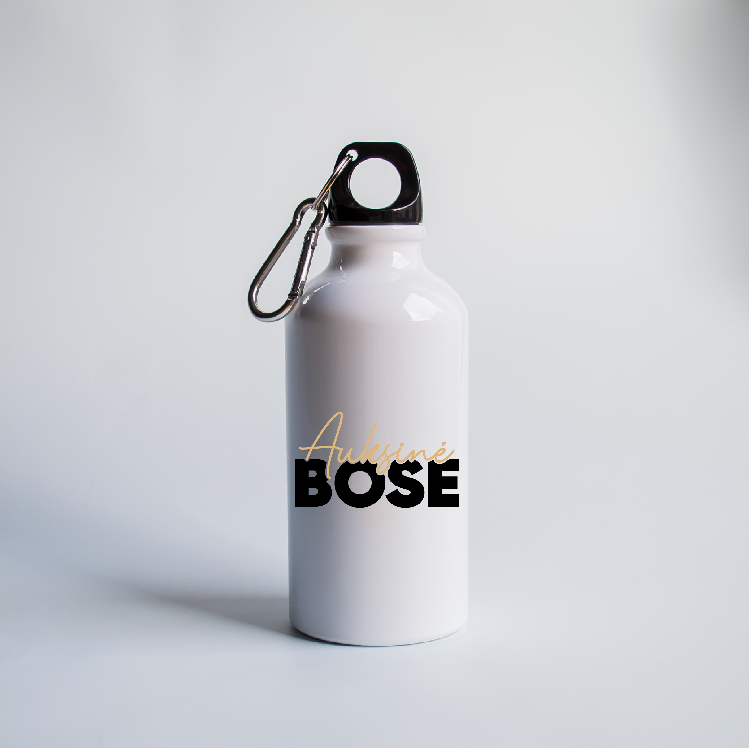 Auksinė Bosė. Metalinis termosas/gertuvė su karabinu (baltas) 400ml