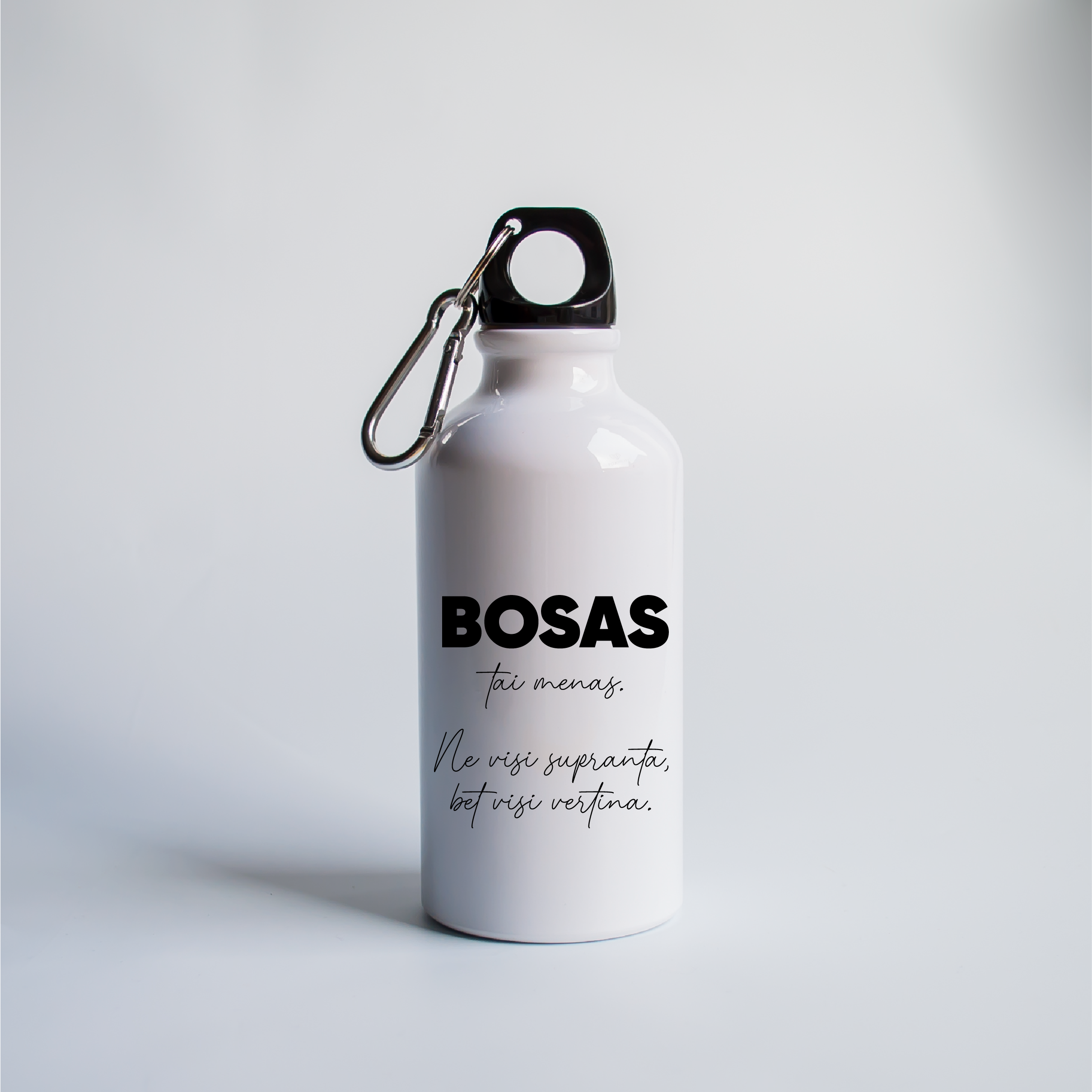 Bosas - tai menas. Ne visi supranta, bet visi vertina. Metalinis termosas/gertuvė su karabinu (baltas) 400ml