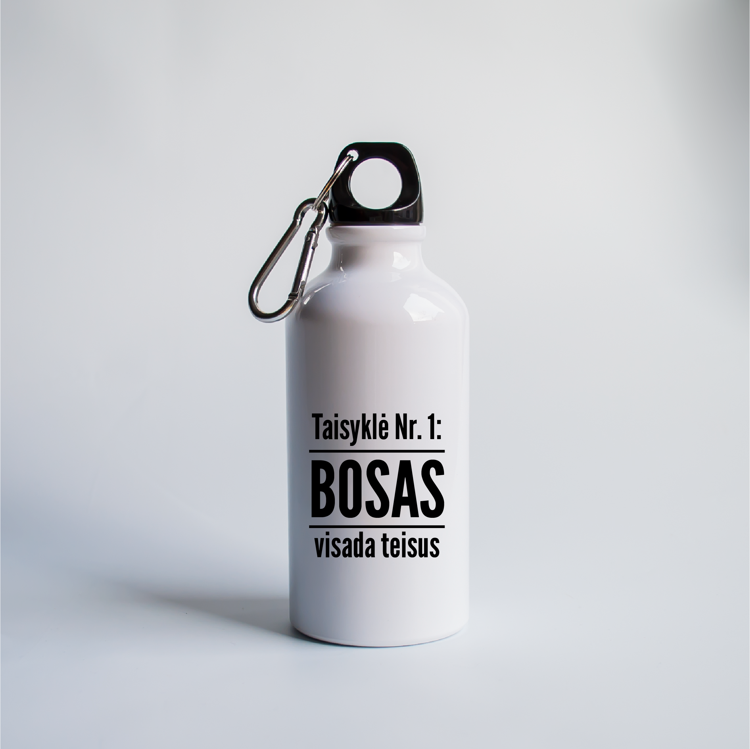 Taisyklė Nr.1: BOSAS visada teisus. Metalinis termosas/gertuvė su karabinu (baltas) 400ml