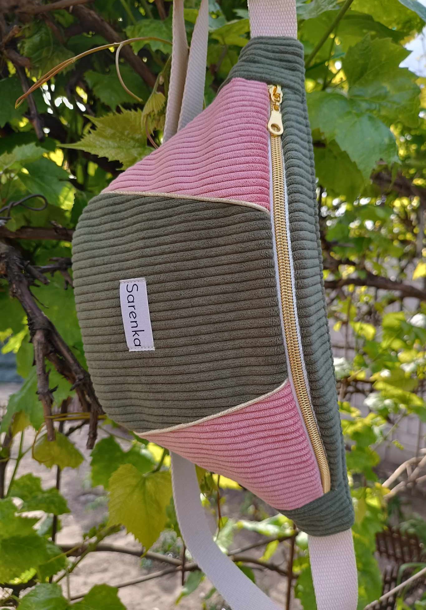 Sac Banane - Velours - la Triptyque - Kaki / Rose poudre