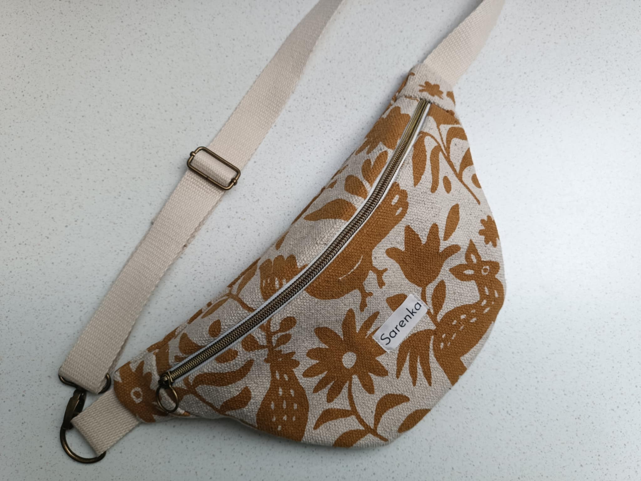 Sac banane en toile de coton beige & moutarde