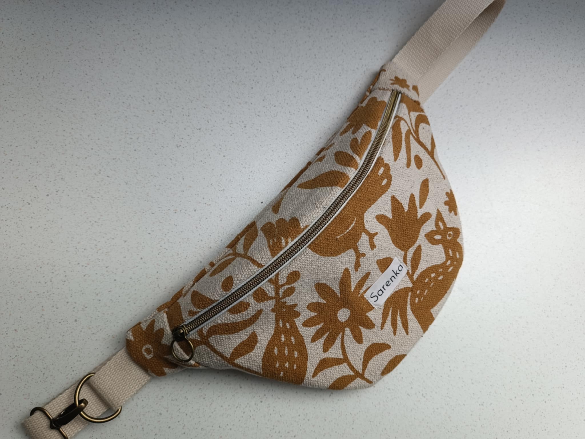 Sac banane en toile de coton beige & moutarde