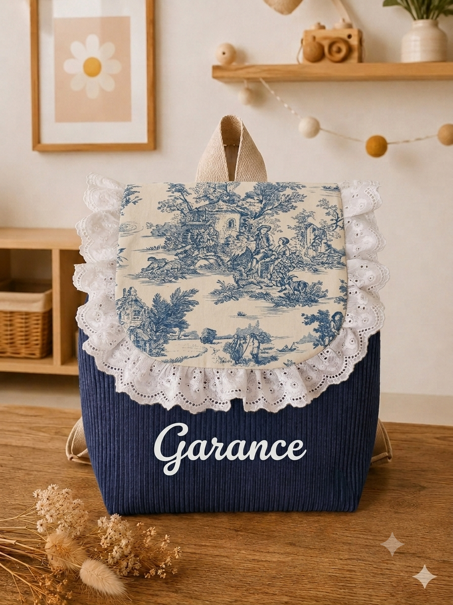 Sac à dos enfant maternelle personnalisé – Velours côtelé   & motif Toile de jouy