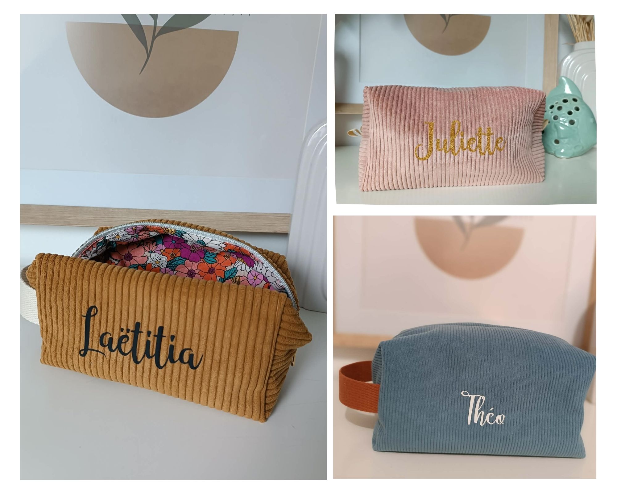 Trousse de toilette en velours côtelé personnalisée trois tailles