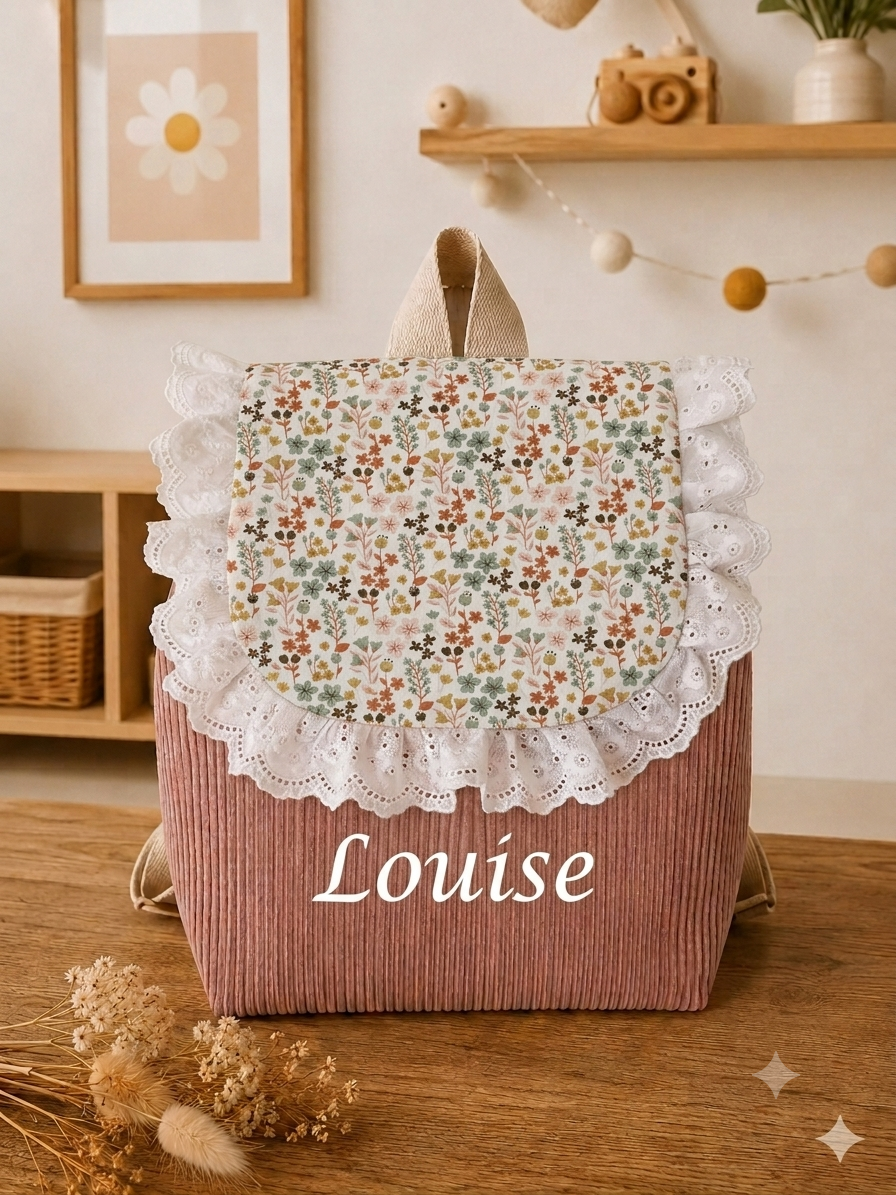 Sac à dos enfant maternelle personnalisé – Velours rose poudre & motif floral