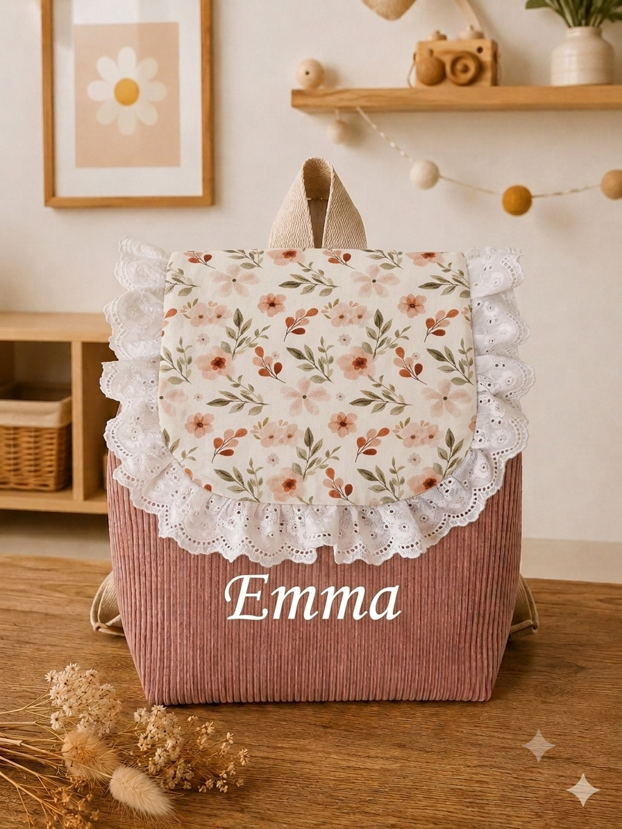 Sac à dos enfant maternelle personnalisé – Velours rose poudre & motif floral