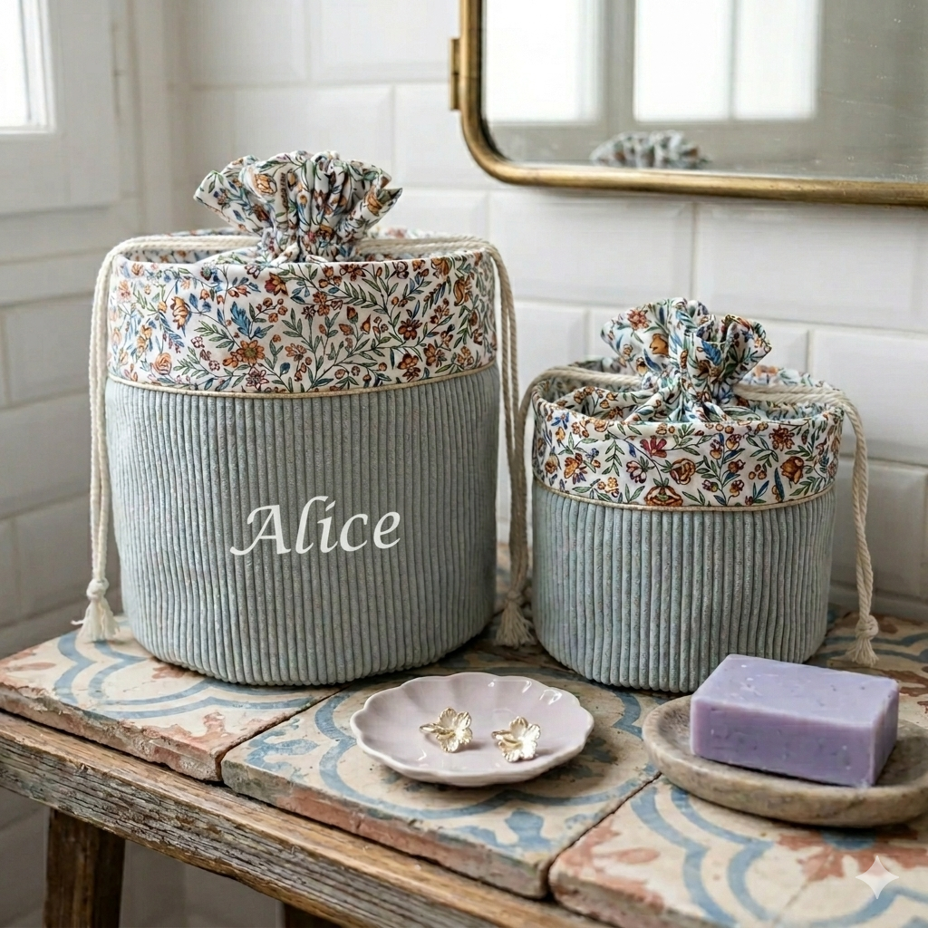 Pochon panier en velours côtelé , trousse de toilette ,fait main, panier velours, Trousse maxi format, Trousse de maquillage