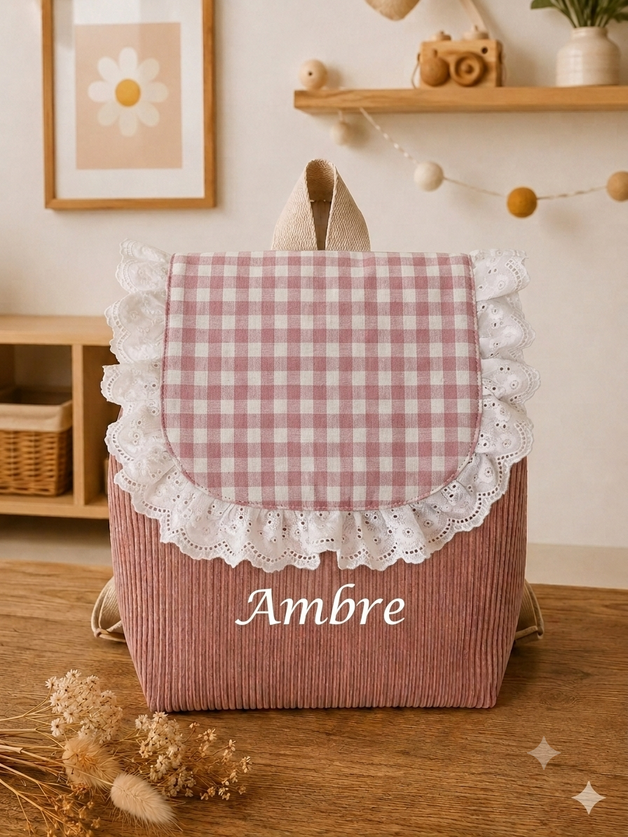 Sac à dos enfant maternelle personnalisé – Velours rose poudre & motif floral