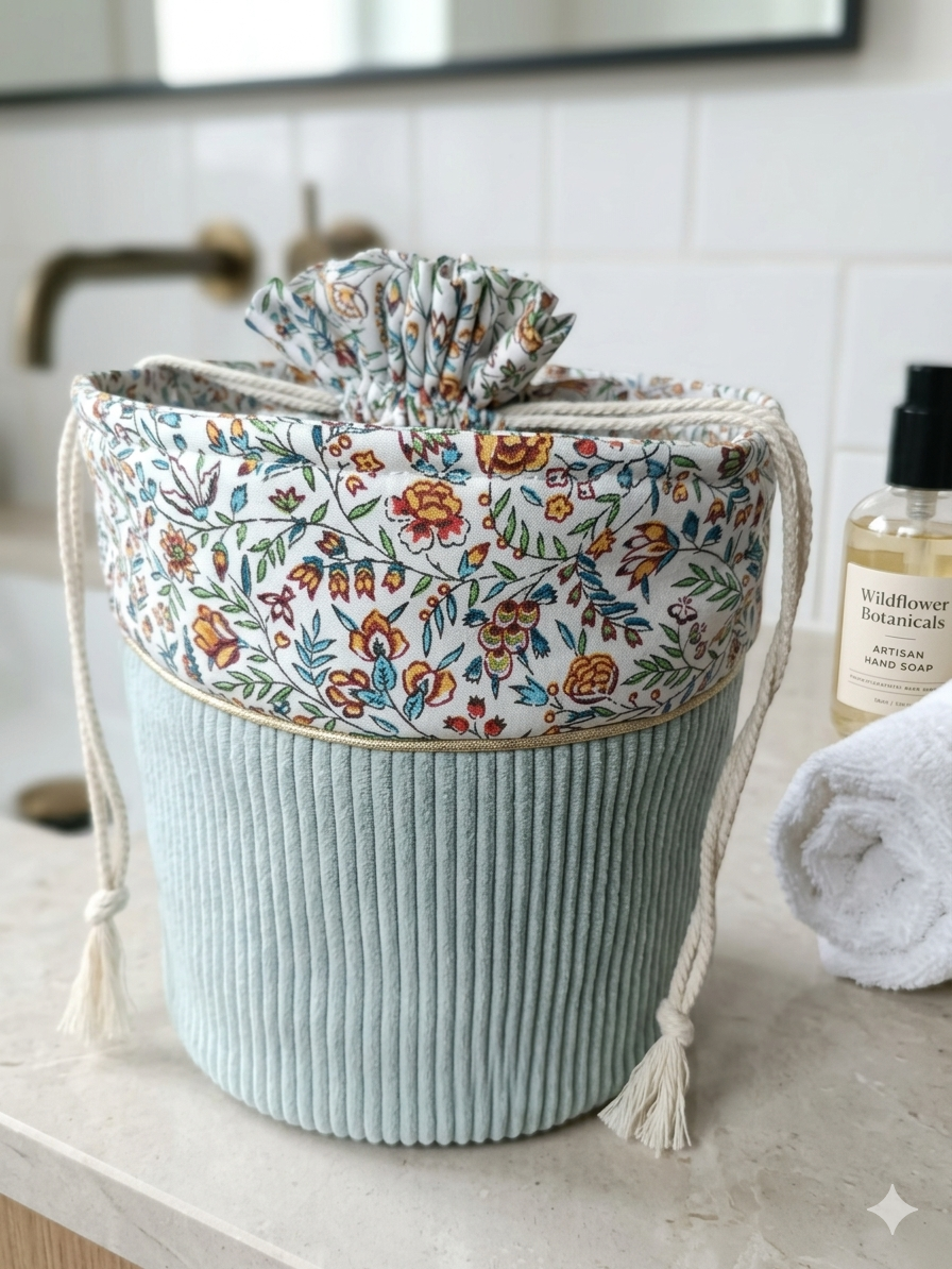 Pochon panier en velours côtelé , trousse de toilette ,fait main, panier velours, Trousse maxi format, Trousse de maquillage