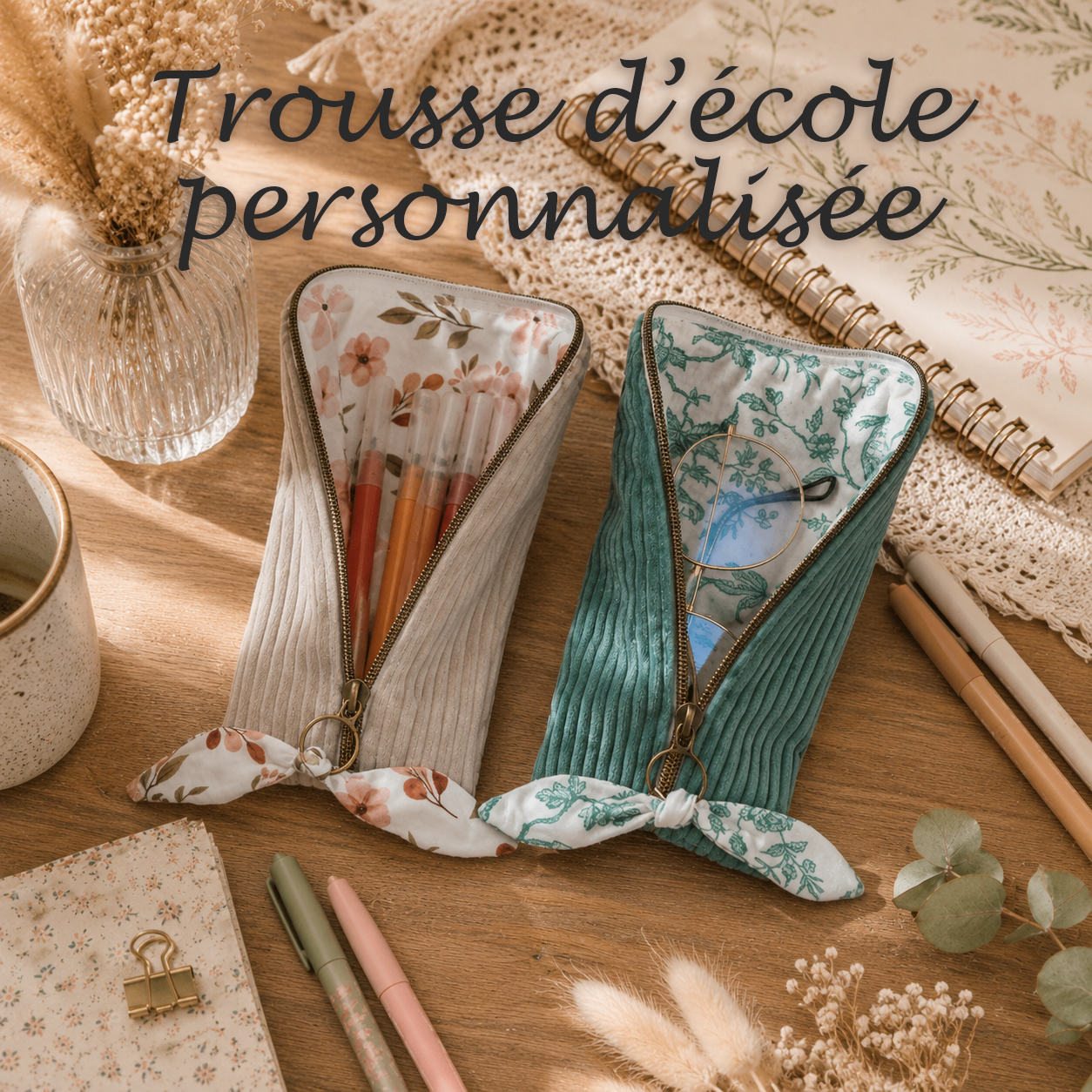 Trousse d'école personnalisée en velours côtelé 