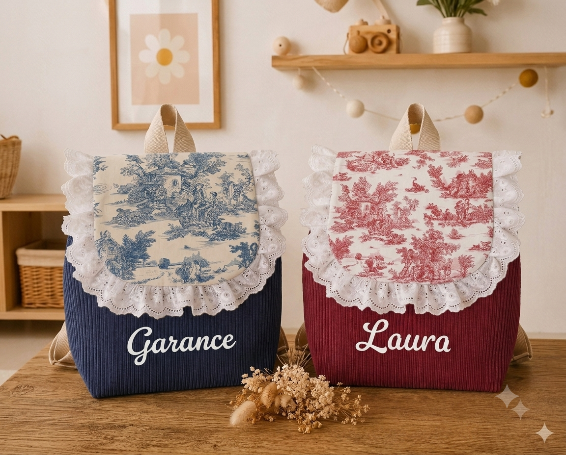 Sac à dos enfant maternelle personnalisé – Velours côtelé   & motif Toile de jouy