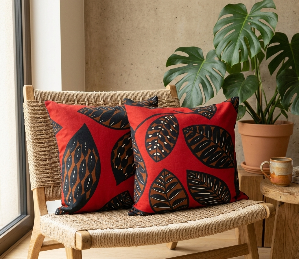 Housse de coussin - Feuilles Cacao Carmin