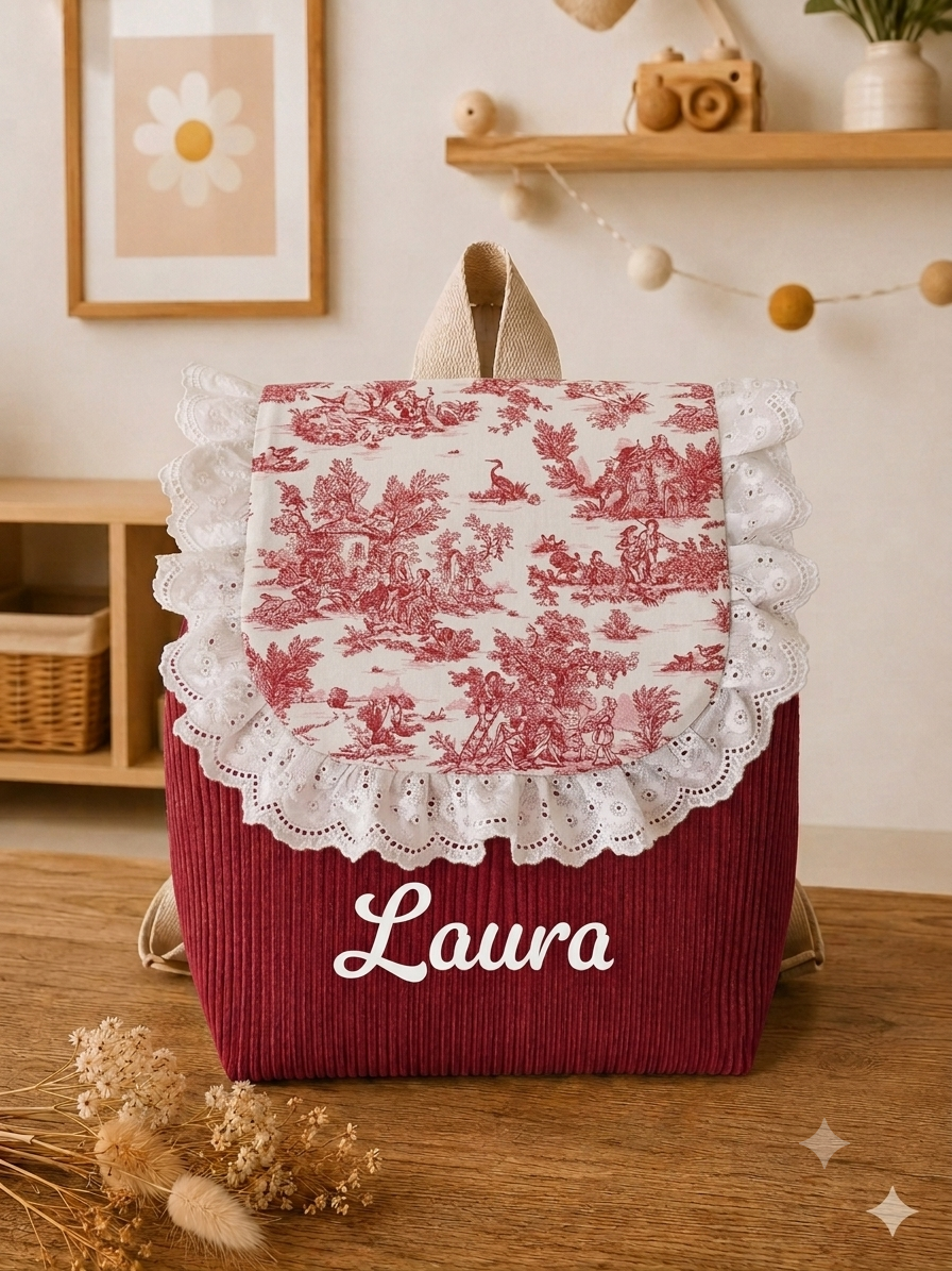 Sac à dos enfant maternelle personnalisé – Velours côtelé   & motif Toile de jouy