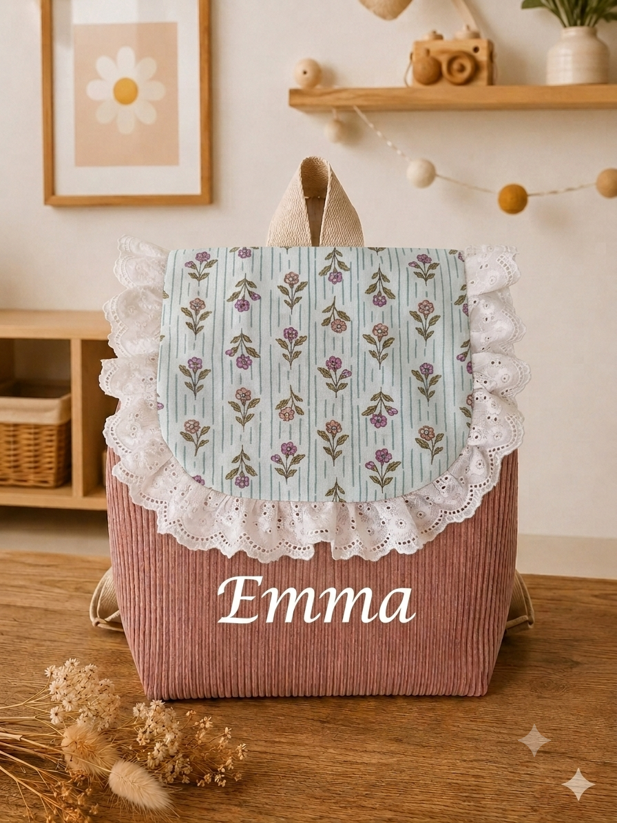 Sac à dos enfant maternelle personnalisé – Velours rose poudre & motif floral