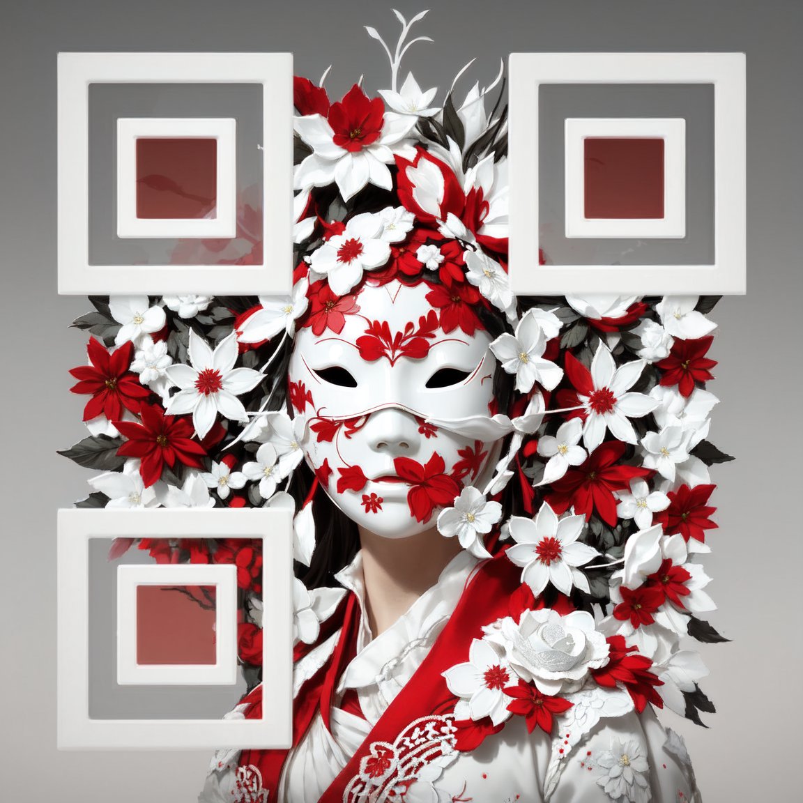 Surreal Red & White Porcelain Mask QR Code Art