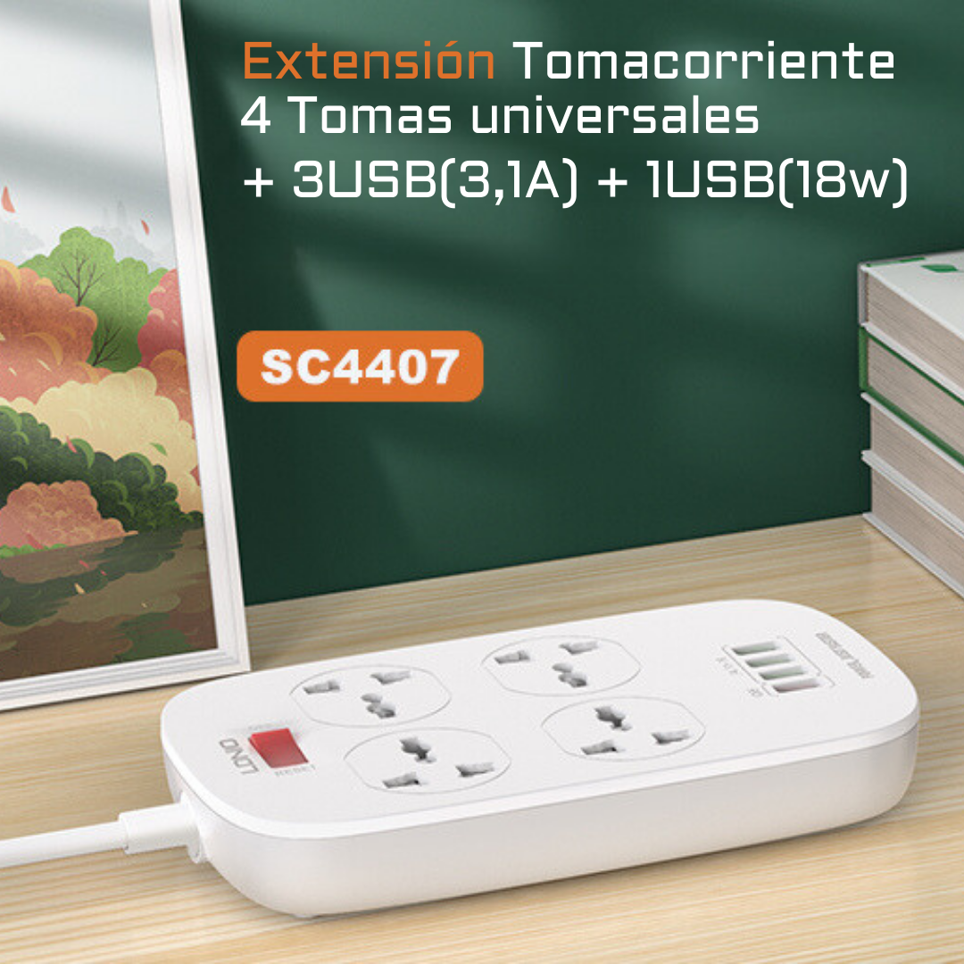 Extensión tomacorriente 4 Tomas y 4 USB - LDNIO SC4407