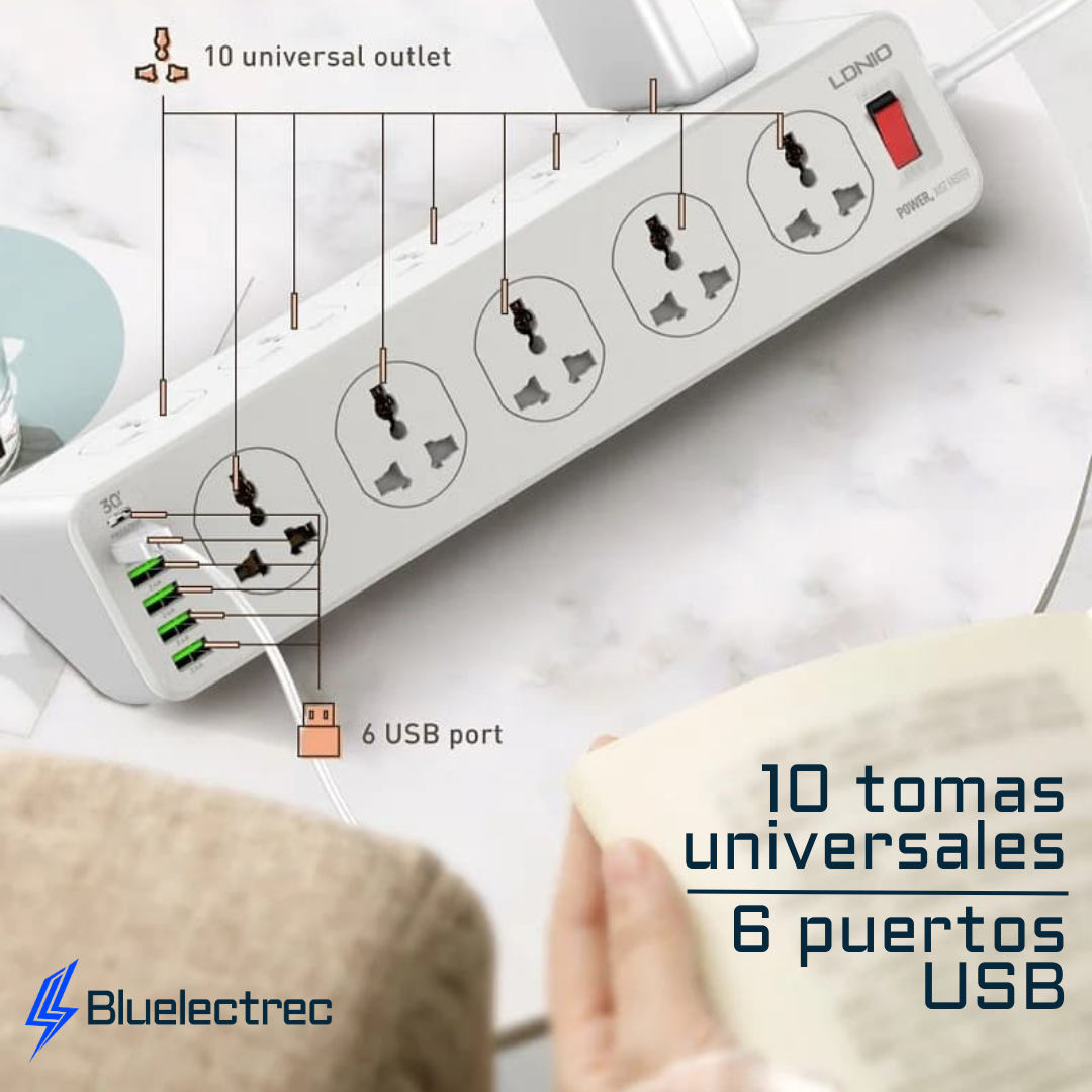 Extensión tomacorriente 10 Tomas y 6 USB - LDNIO SC10610