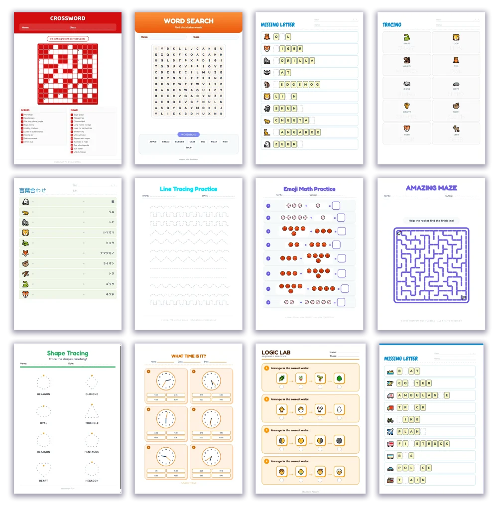 Kids Educational Activity Worksheets Set