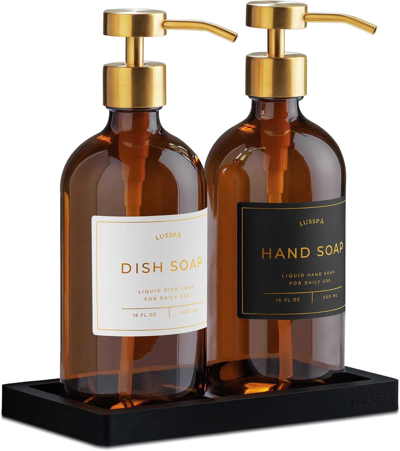 Glass Soap Dispenser Set of 2 (Amber) with Silicone Tray | Hand and Dish Soap Dispenser for Kitchen and Bathroom | 16.8 Oz Glass Bottles with Stainless Steel Pump & 15 Waterproof Labels 