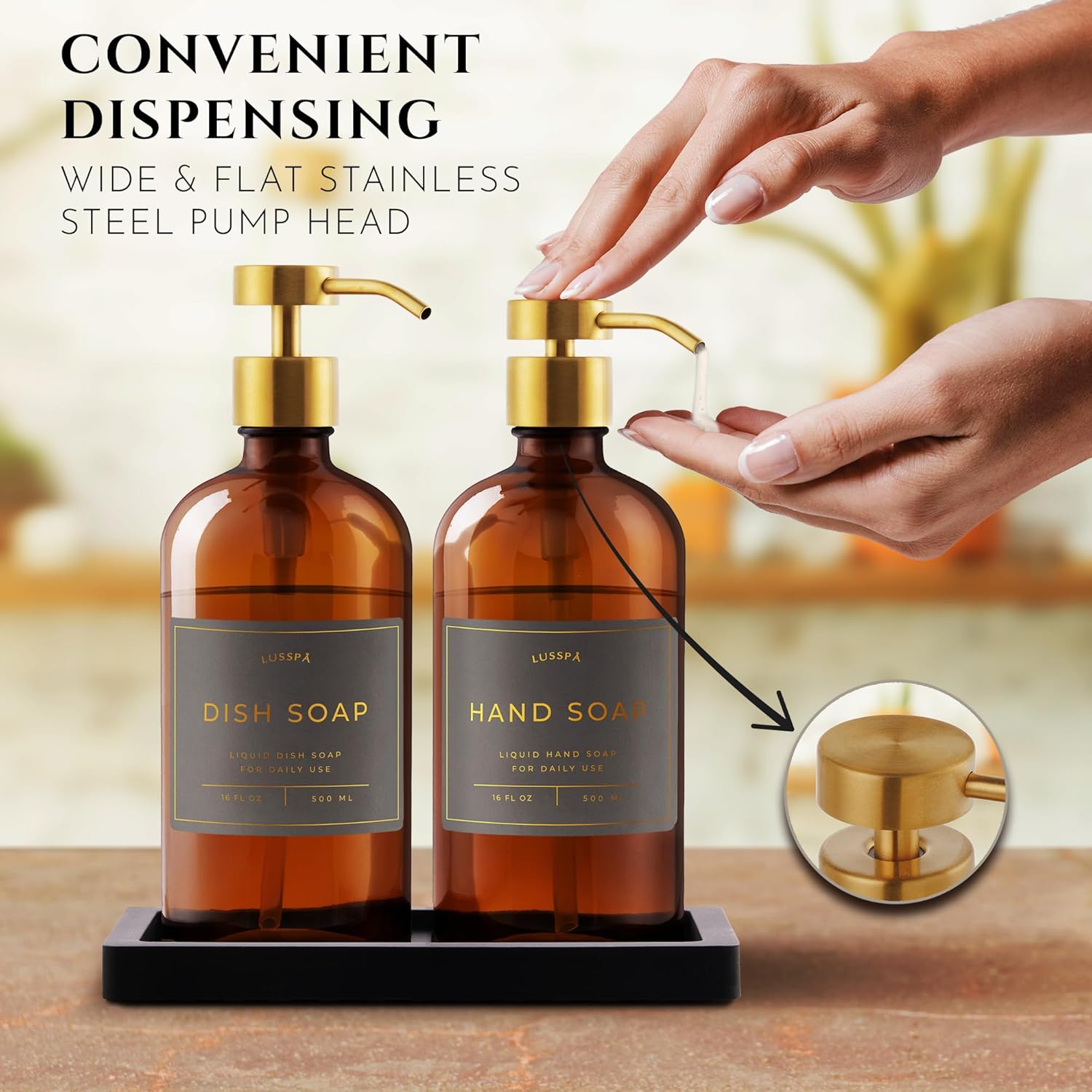 Glass Soap Dispenser Set of 2 (Amber) with Silicone Tray | Hand and Dish Soap Dispenser for Kitchen and Bathroom | 16.8 Oz Glass Bottles with Stainless Steel Pump & 15 Waterproof Labels 