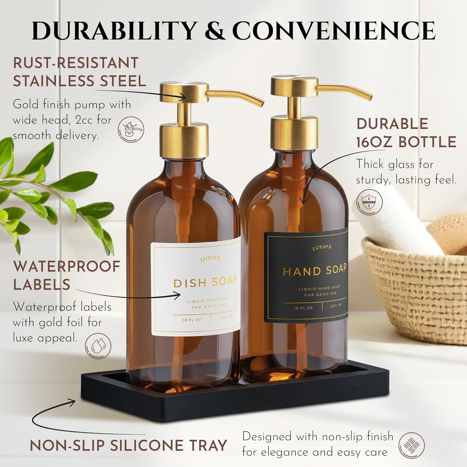 Glass Soap Dispenser Set of 2 (Amber) with Silicone Tray | Hand and Dish Soap Dispenser for Kitchen and Bathroom | 16.8 Oz Glass Bottles with Stainless Steel Pump & 15 Waterproof Labels 