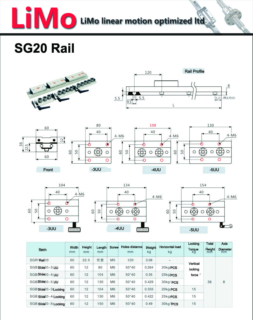 SGB20 Carril guía de rodamiento de rodillos lineales en V de aluminio